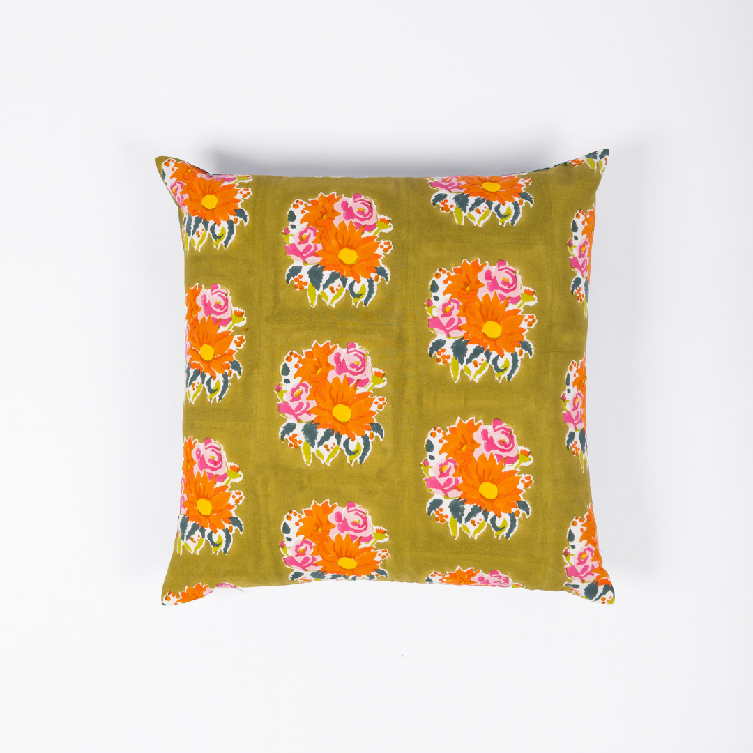 Gul green hand block-printed cotton pillowcase by Thar, featuring authentic floral motifs handcrafted by artisan communities.