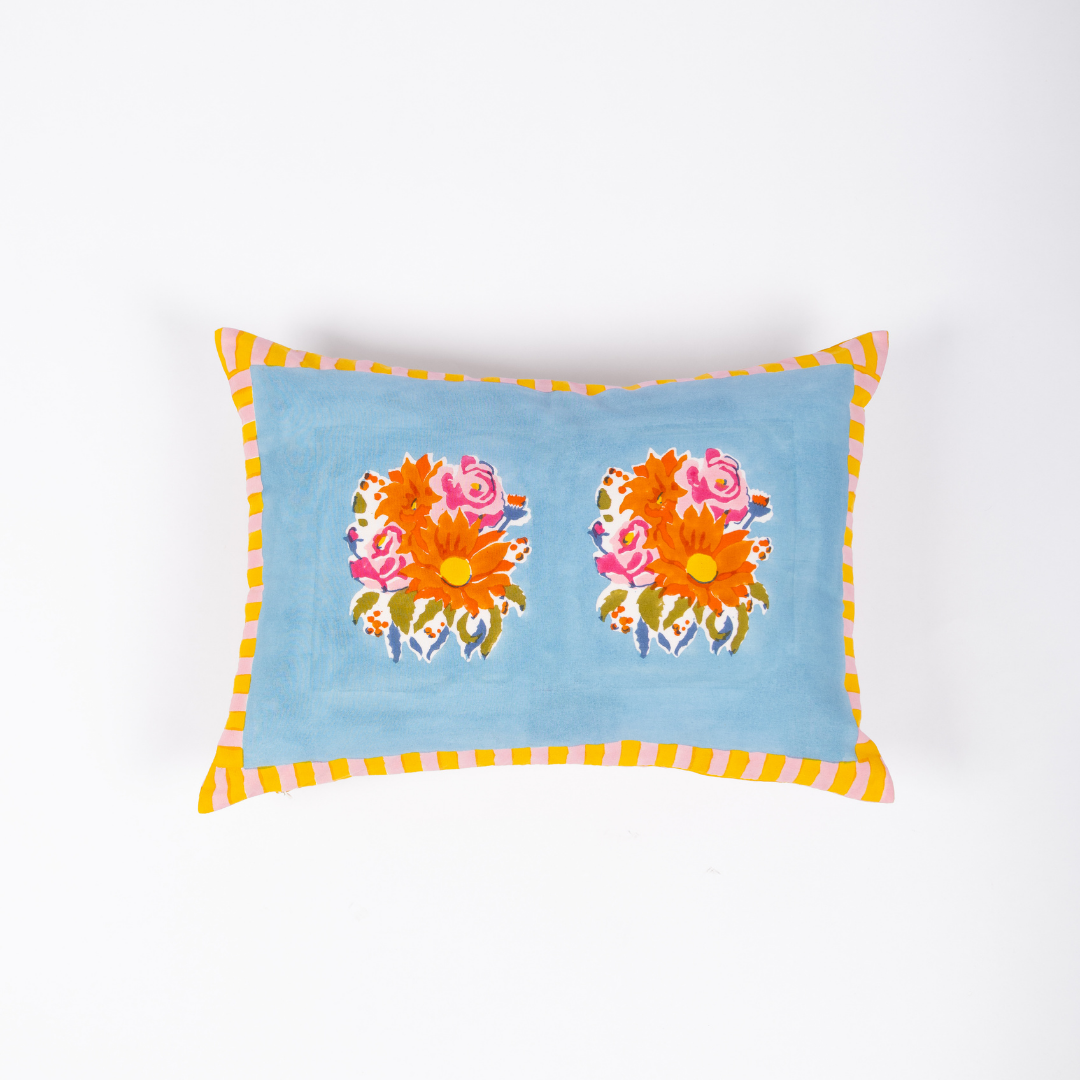 Gul blue hand block-printed cotton lumbar pillowcase by Thar, featuring authentic patterns handcrafted by artisan communities.