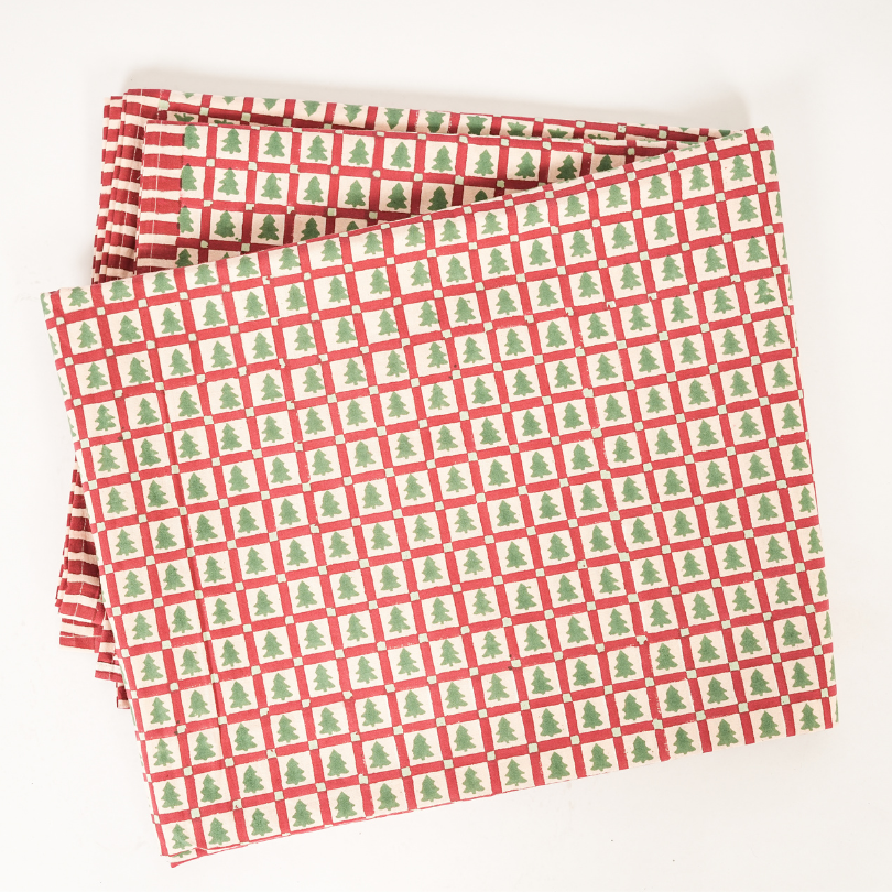 Merry Conifers - Green Hand Block-Printed Cotton Tablecloth