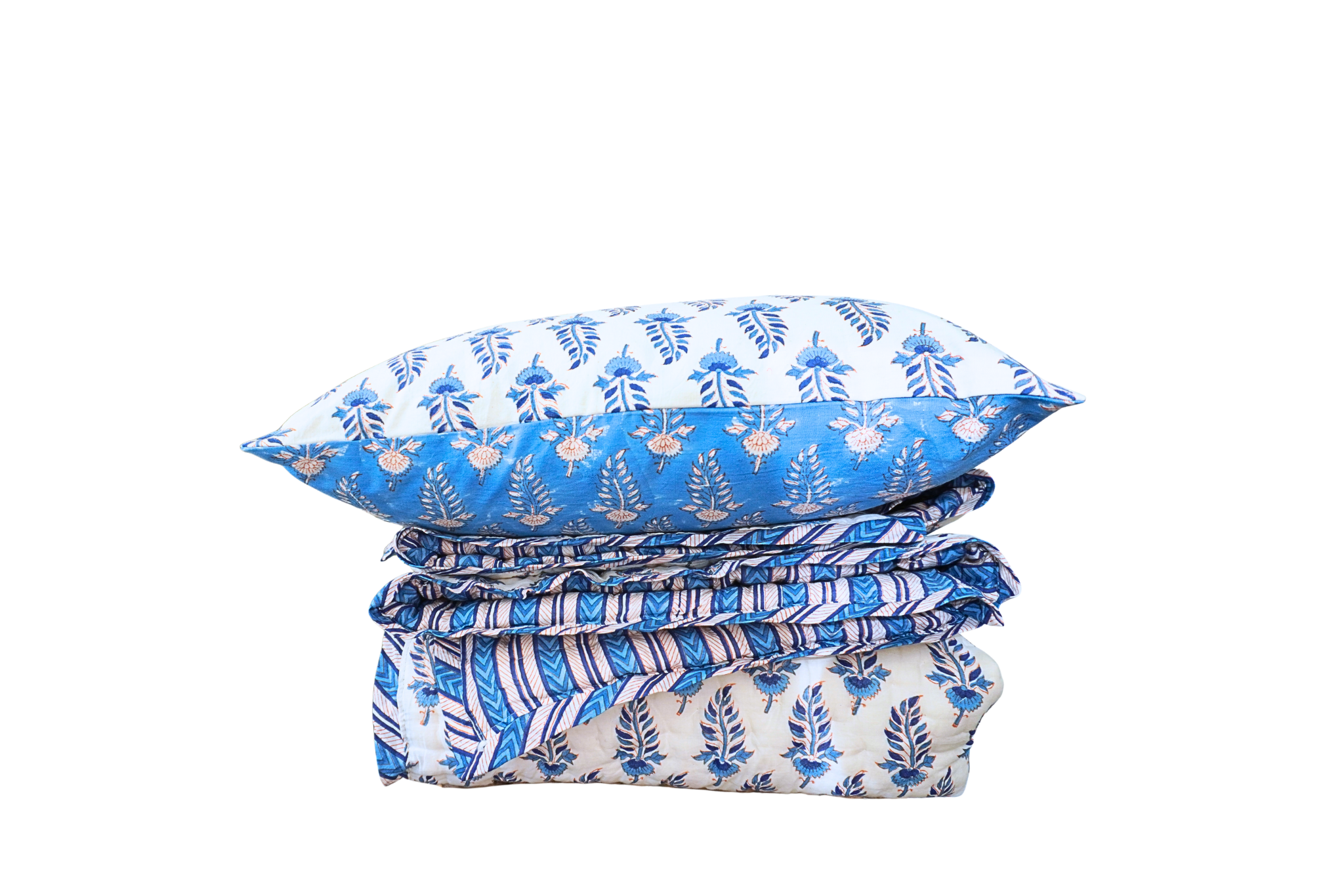 Double-sided hand block-printed quilt set with fine, even hand-stitching for a durable and lightweight finish.
