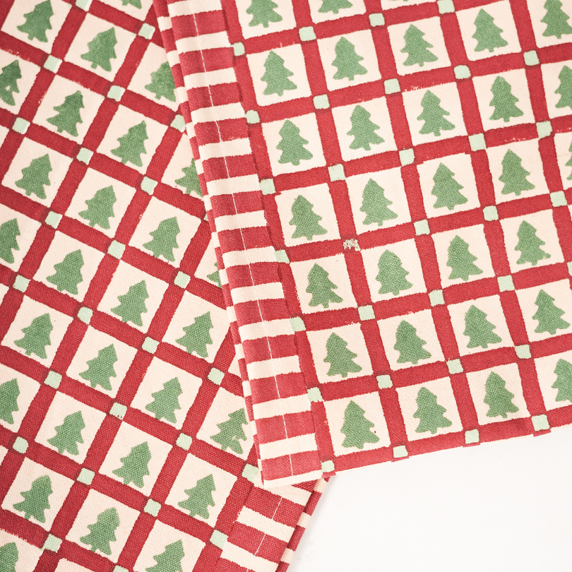Merry Conifers - Green Hand Block-Printed Cotton Table Runner