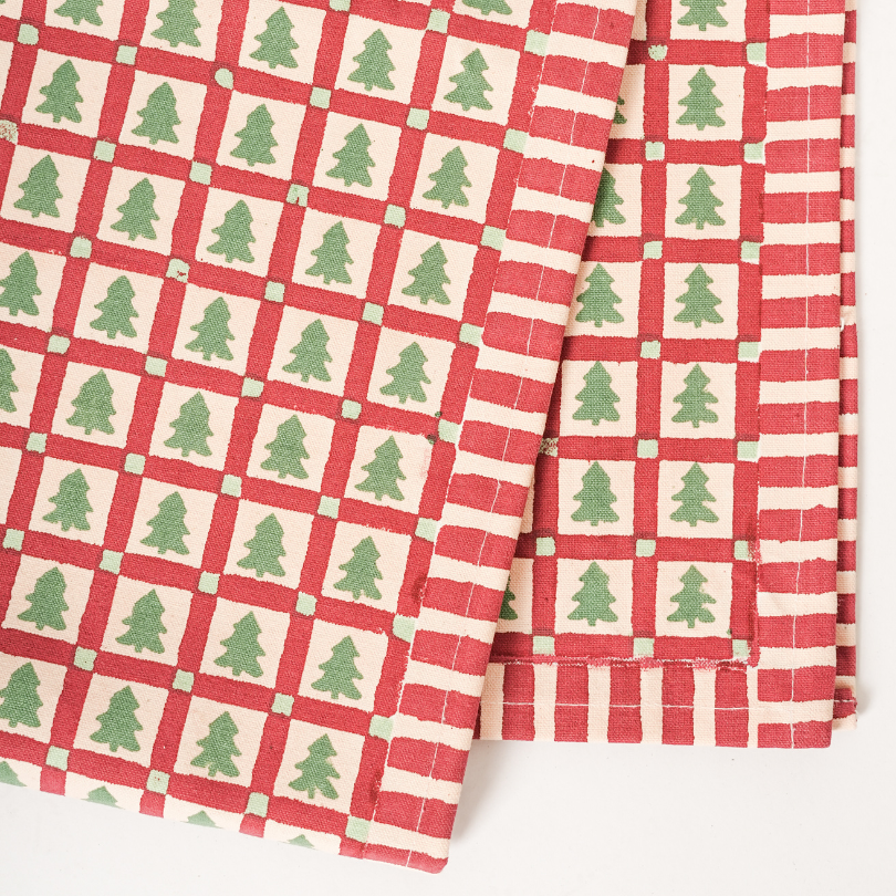 Merry Conifers - Green Hand Block-Printed Cotton Napkins Set of 4