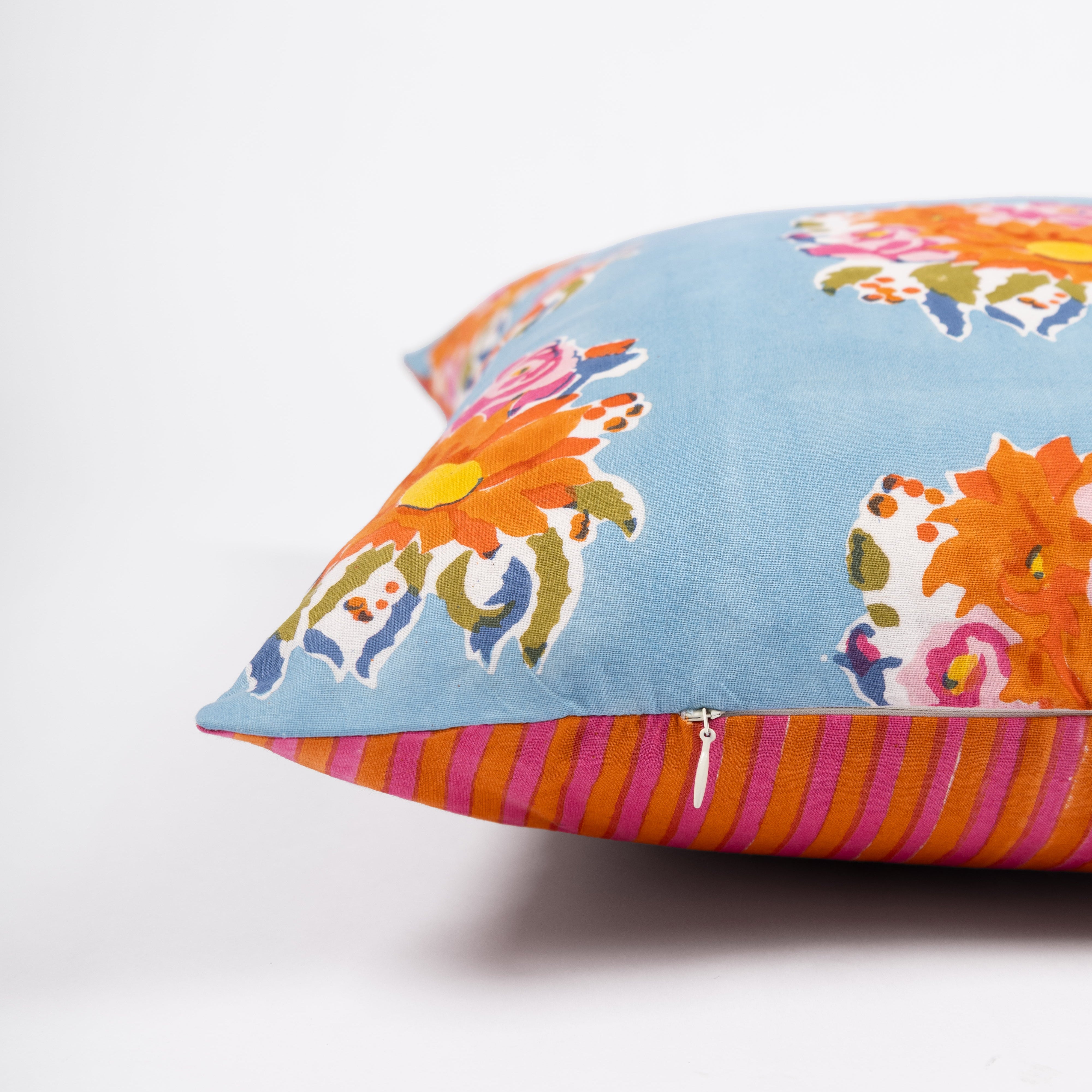 Artisan-made blue pillow cover from the Gul collection, printed with Azo-free dyes in small batches.