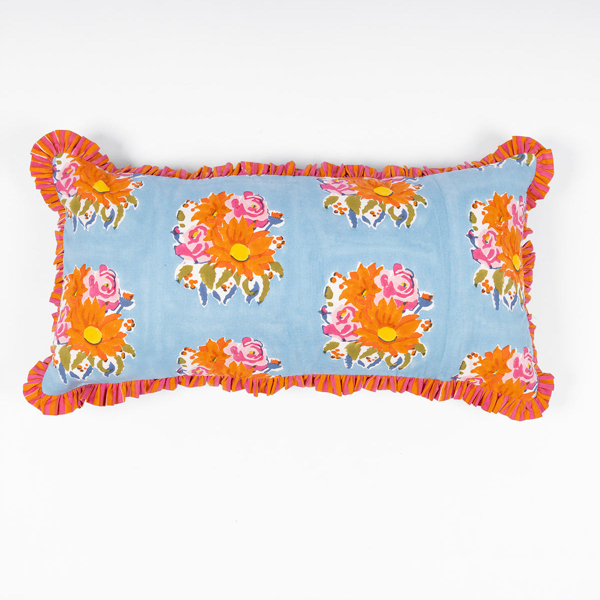 Decorative Gul blue lumbar pillowcase with intricate floral hand block prints, perfect for global-inspired bedroom or living room decor.