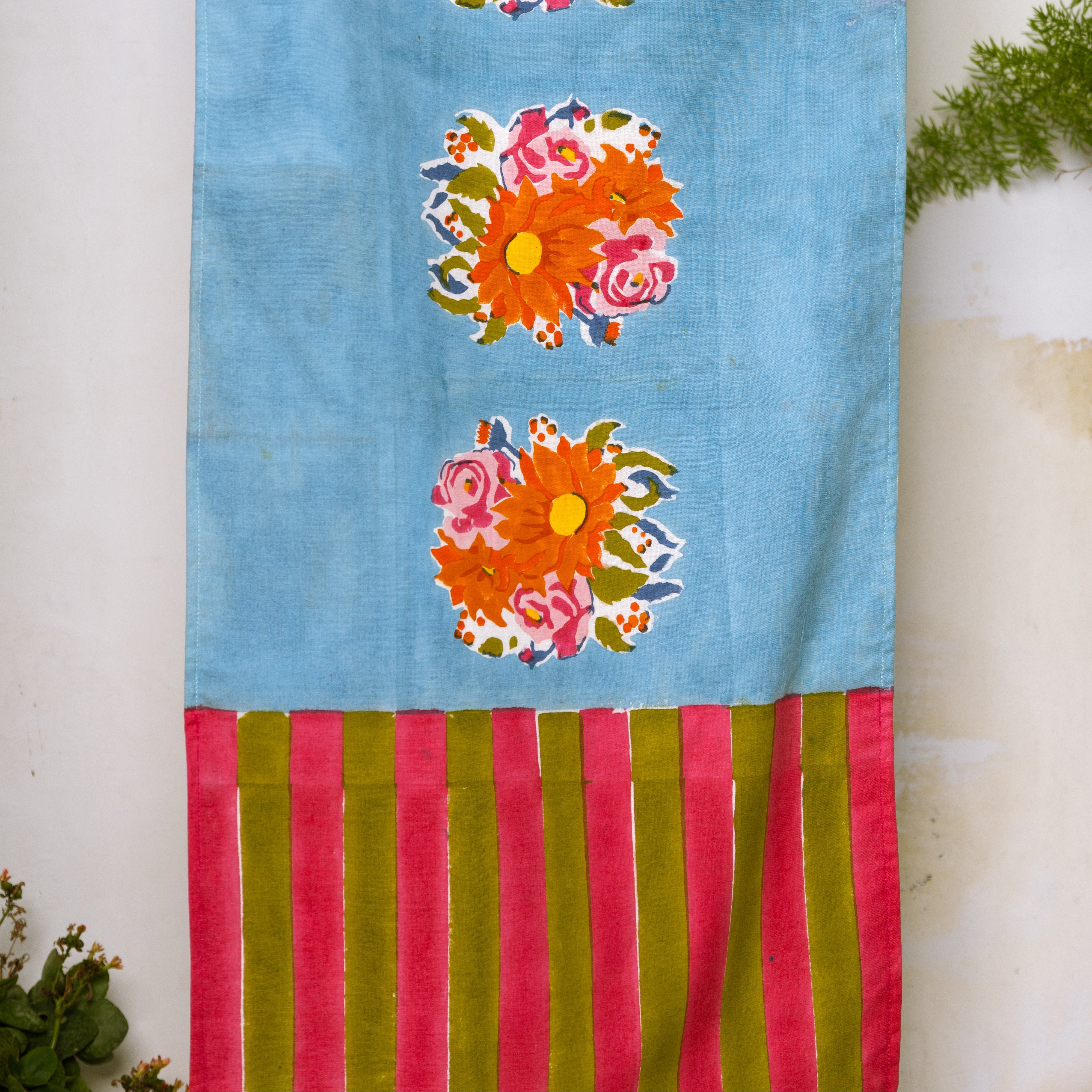 Artisan-made blue floral table runner from the Thar, crafted with pure cotton and Azo-free dyes for modern home decor