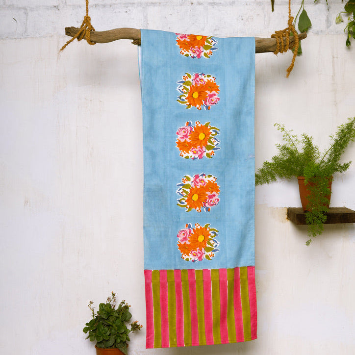 Gul blue hand block-printed cotton table runner by Thar, featuring authentic floral clusters handcrafted by artisan communities.