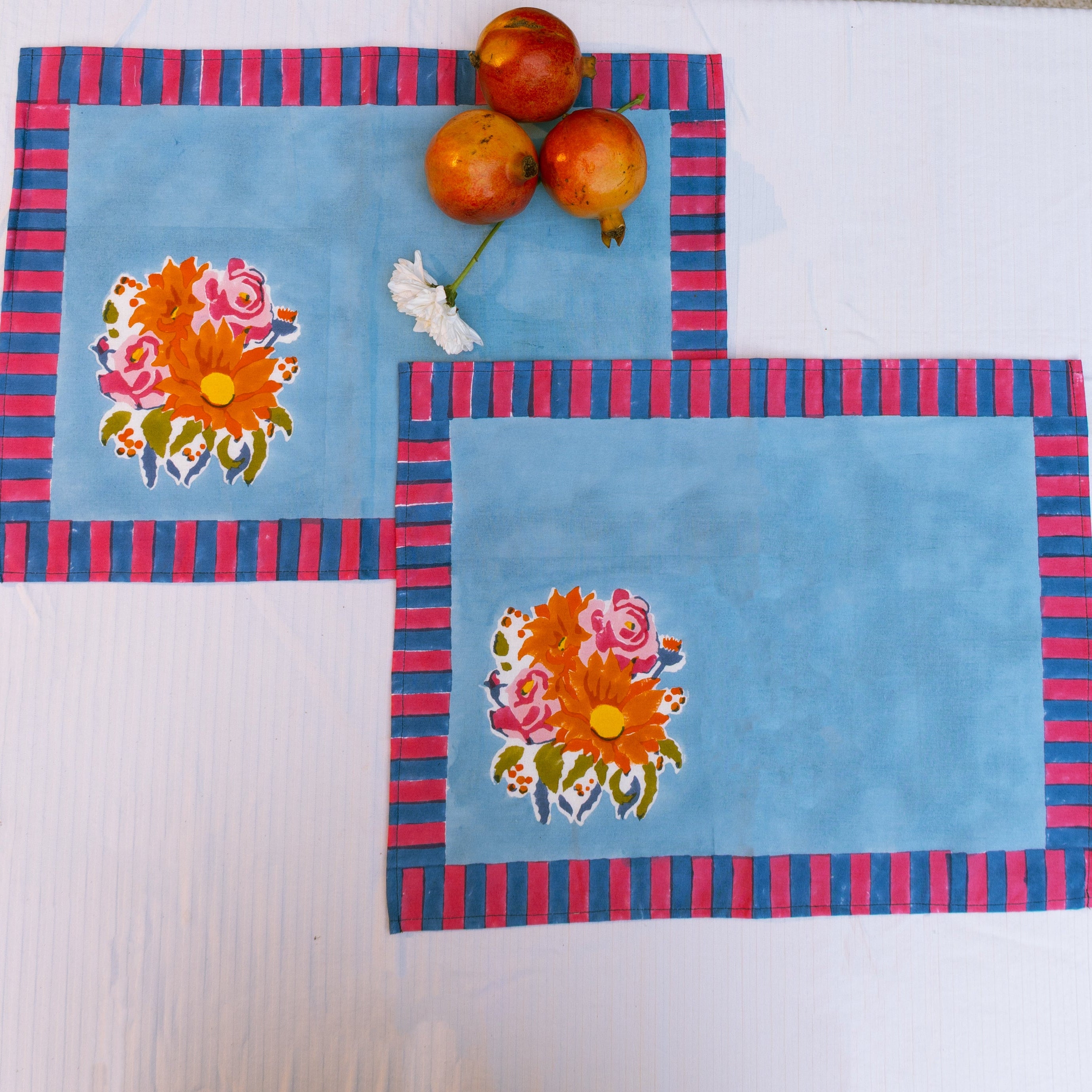 Gul blue hand block-printed cotton placemats (set of 4) by Thar, featuring expressive floral blossoms handcrafted by artisan communities.