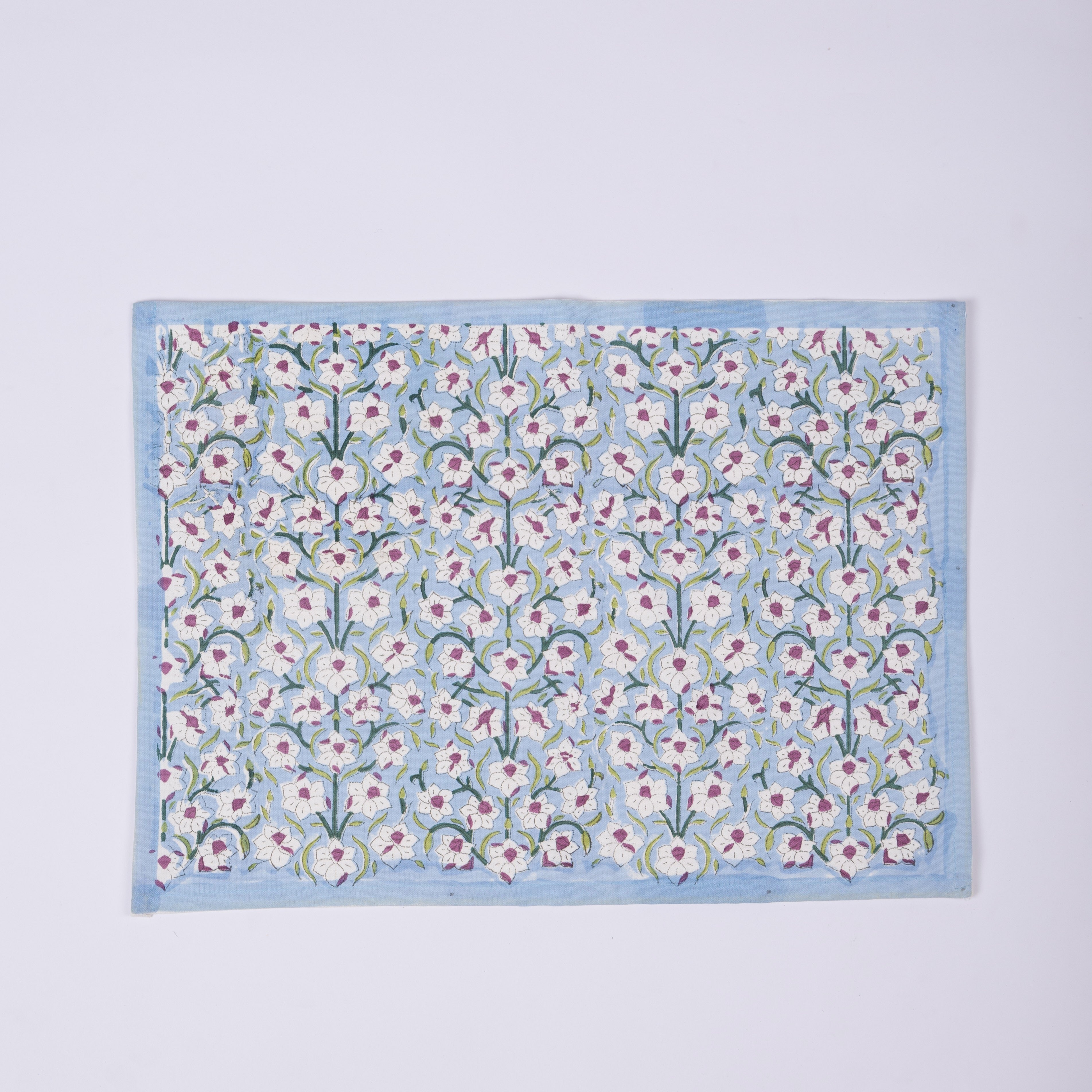 Nargis - Hand Block-Printed Cotton Table Mats (Blue border) - Set of 2