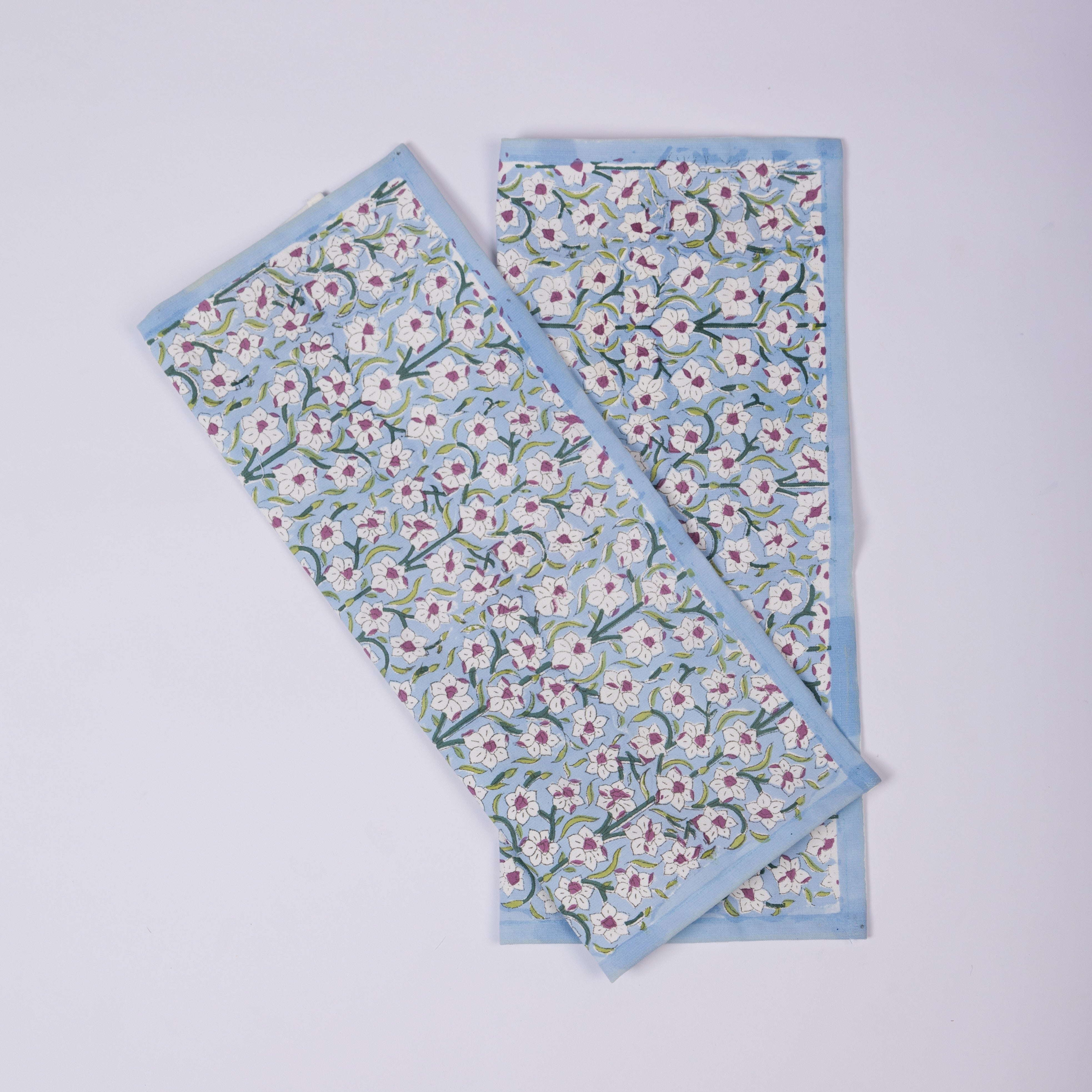 Nargis - Hand Block-Printed Cotton Table Mats (Blue border) - Set of 4