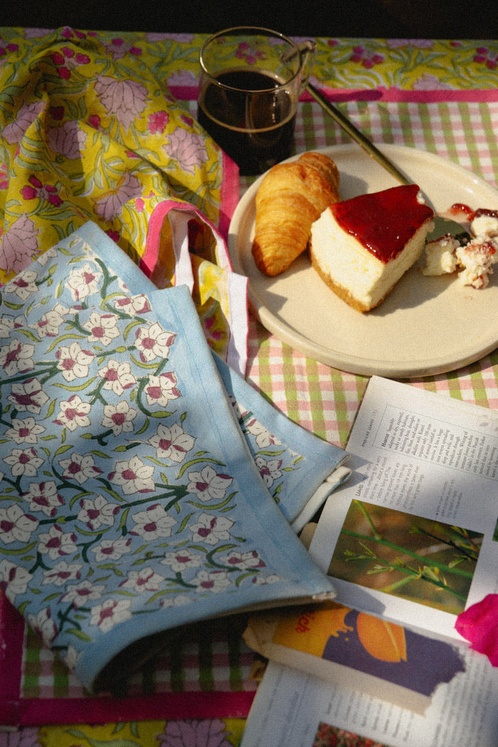 Close-up of authentic hand block printing on a Nargis striped runner, showcasing traditional wooden block techniques.