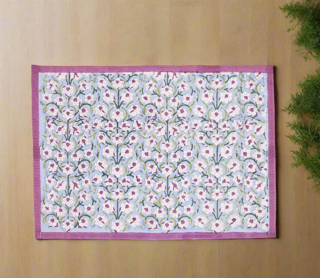 Nargis - Hand Block-Printed Cotton Table Mats (Purple border) - Set of 4