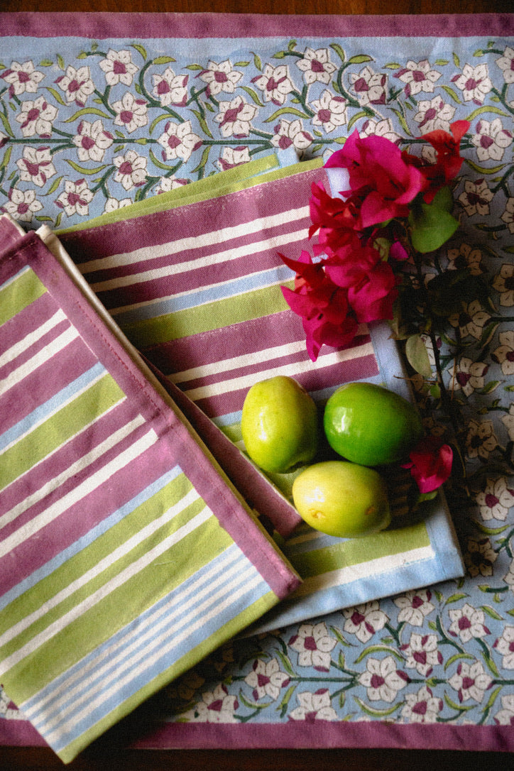 Nargis Striped - Hand Block-Printed Cotton Table Mats (Purple Border) - Set of 4