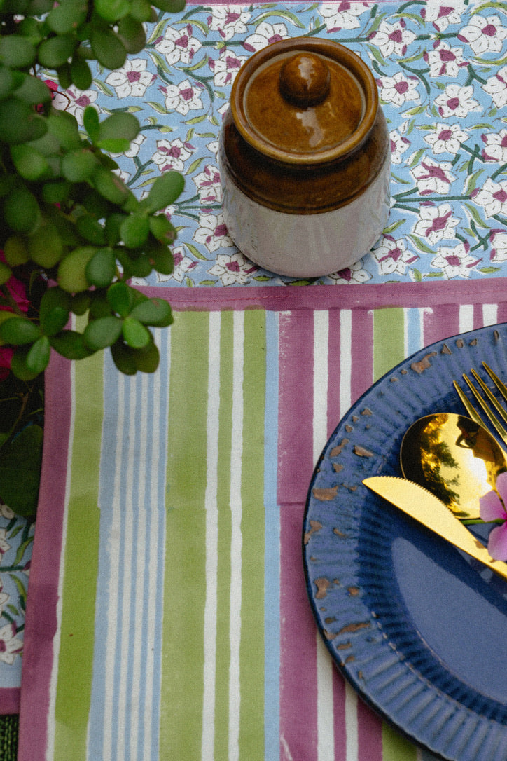 Nargis Striped - Hand Block-Printed Cotton Table Mats (Purple Border) - Set of 4