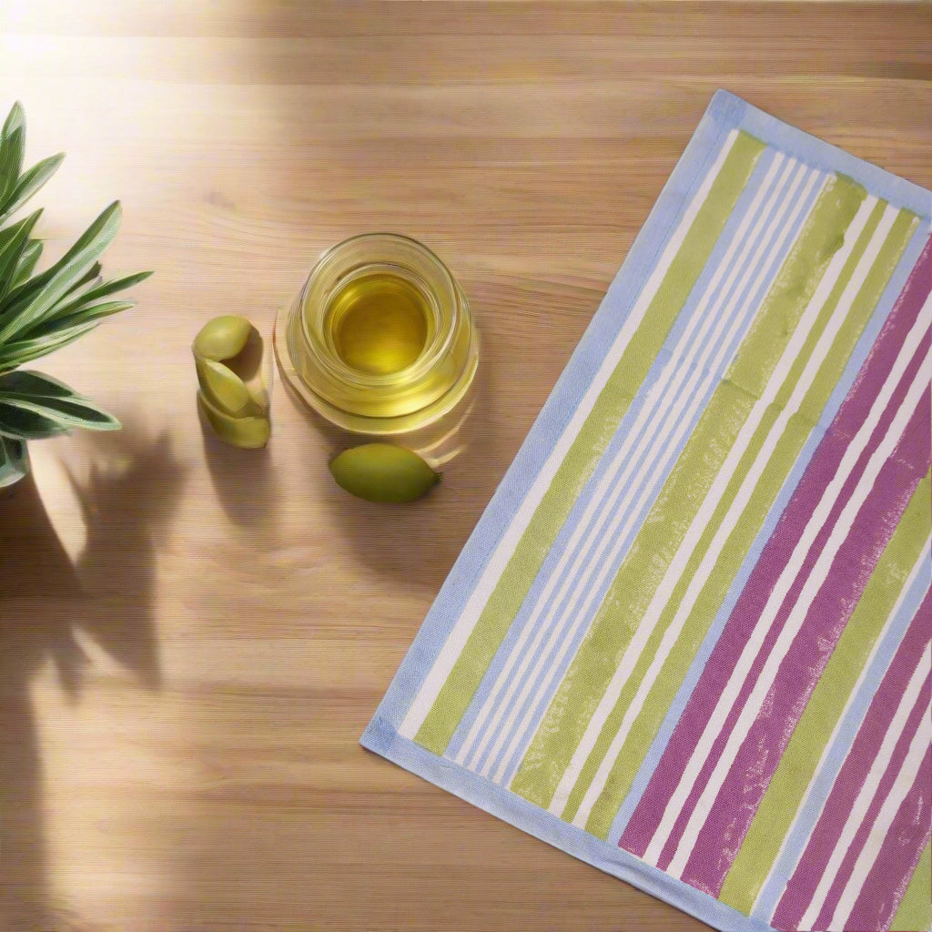 Nargis Striped - Hand Block-Printed Cotton Table Mats (Blue Border) - Set of 4