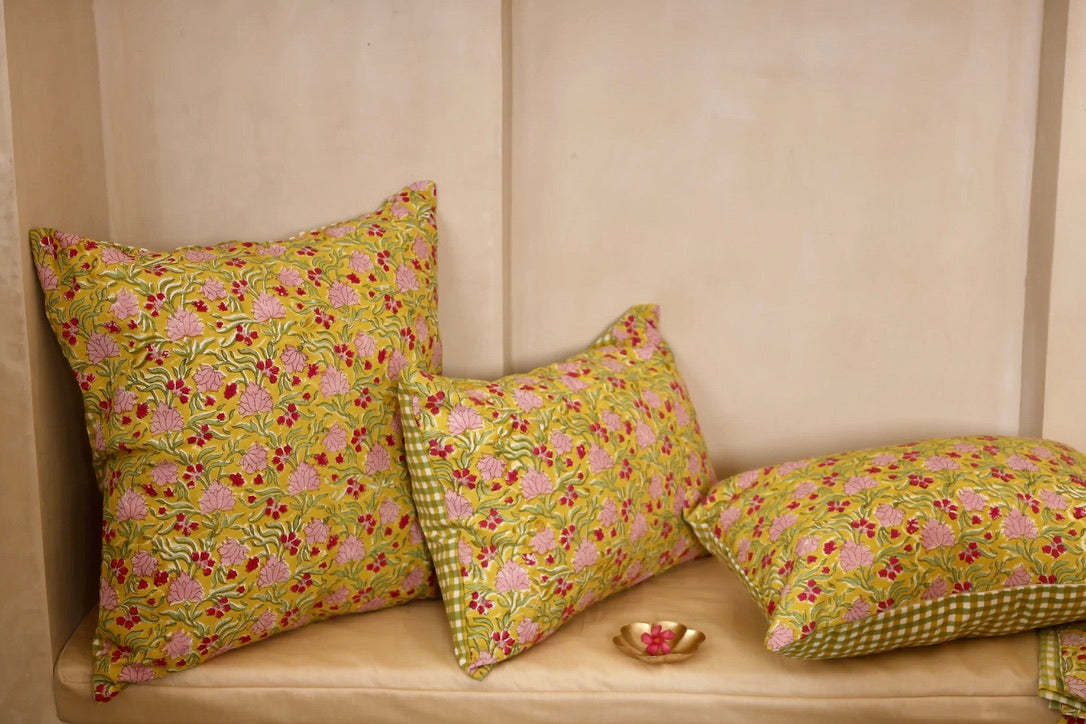 Heritage-quality hand-stamped pillowcase bringing cultural storytelling to your living space.