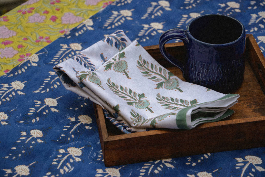 Noor - Hand Block-Printed Cotton Rectangular Table Napkins - Set of 4 (Green)