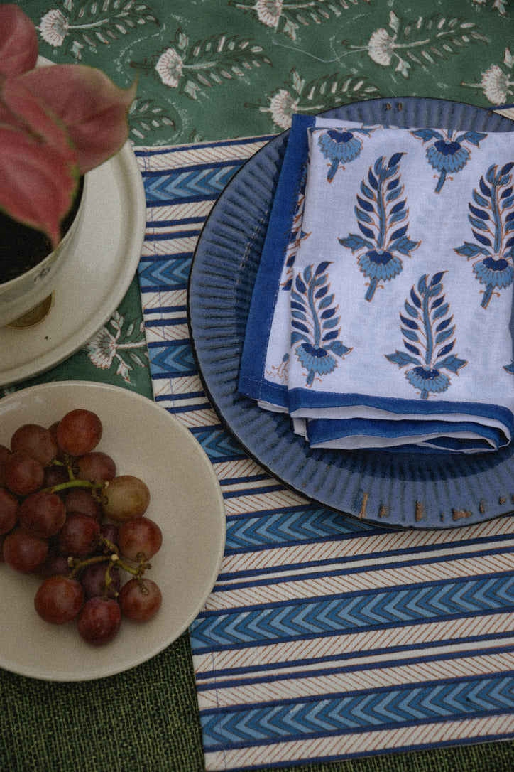 Noor Striped- Hand Block-Printed Cotton Table Mats - Set of 4 (Blue)