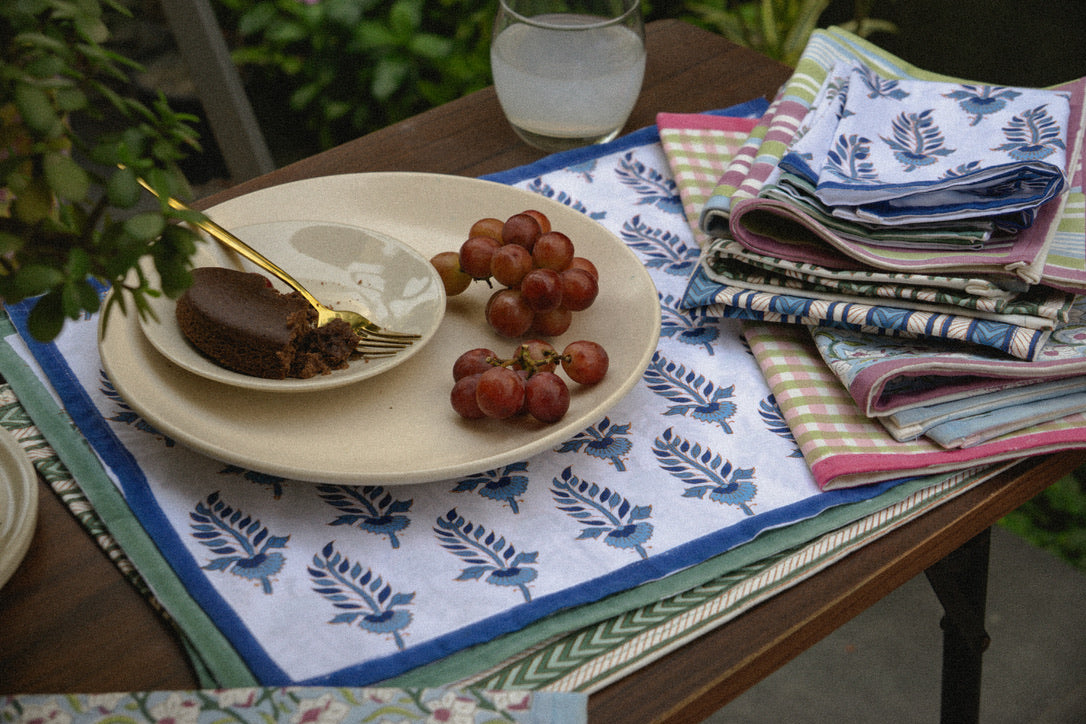 Noor - Hand Block-Printed Cotton Rectangular Table Napkins - Set of 4 (Blue)
