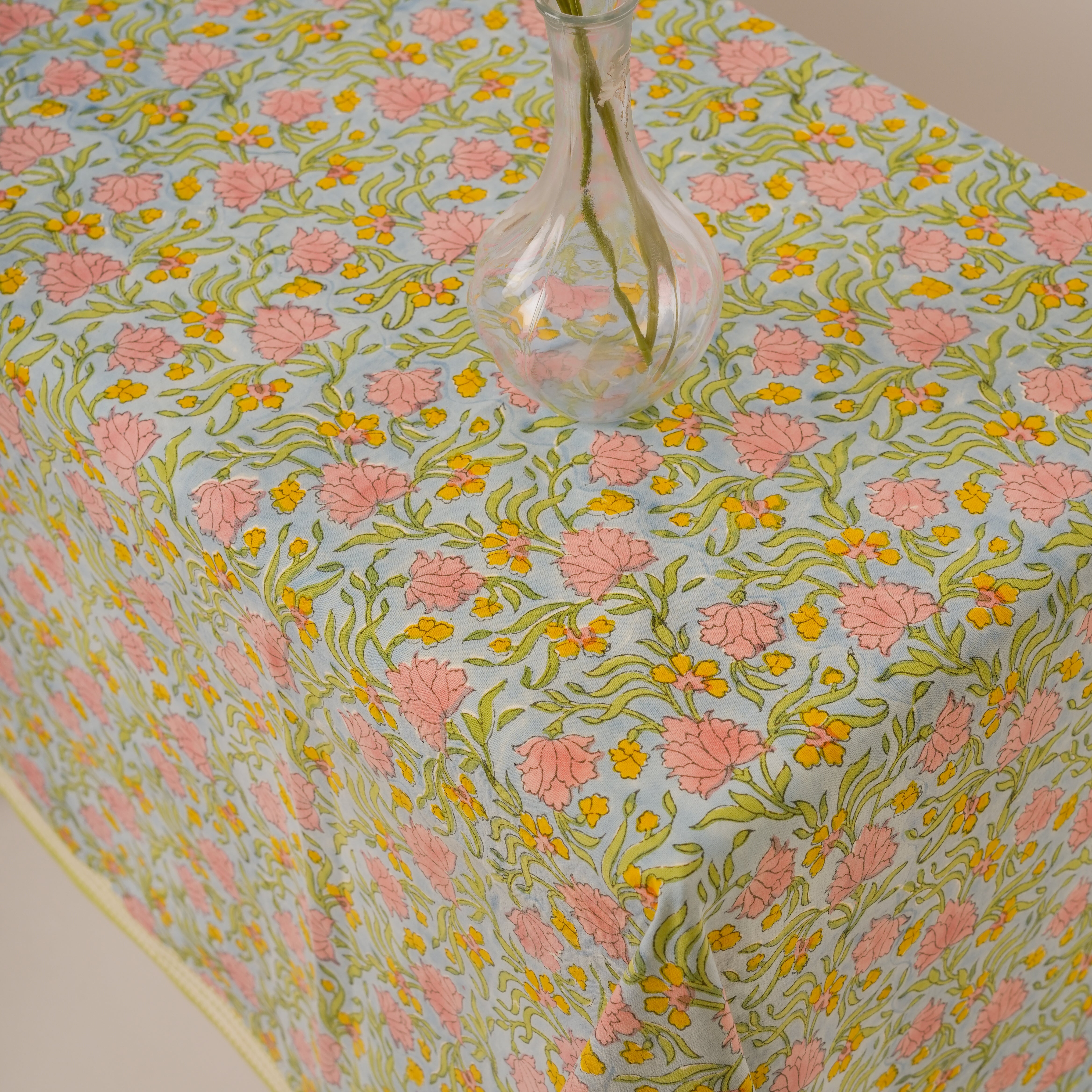 Jasmine Blue - Hand Block-Printed Cotton Tablecloth