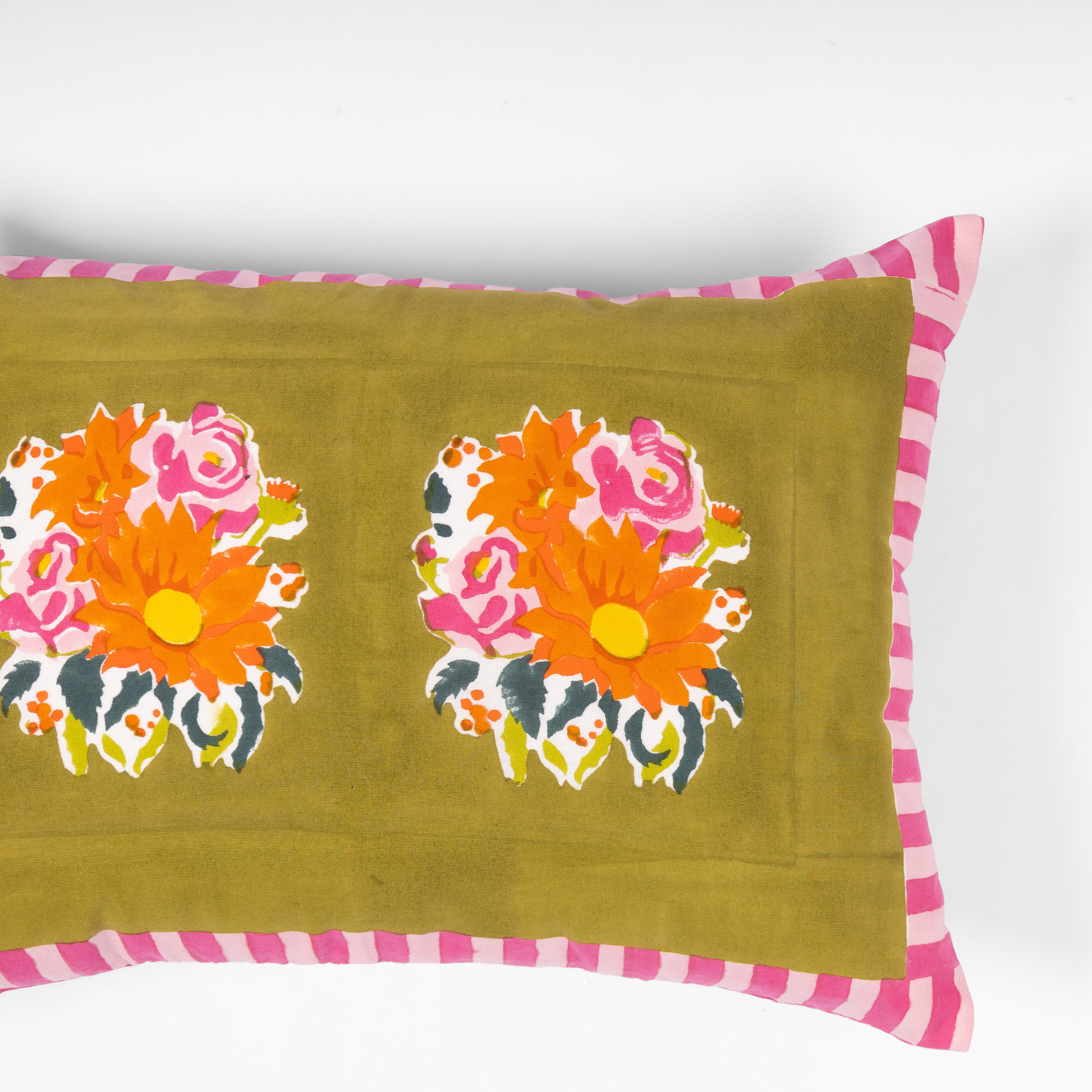 Decorative Gul green lumbar pillowcase with intricate hand block prints, perfect for bringing traditional artistry into modern spaces.