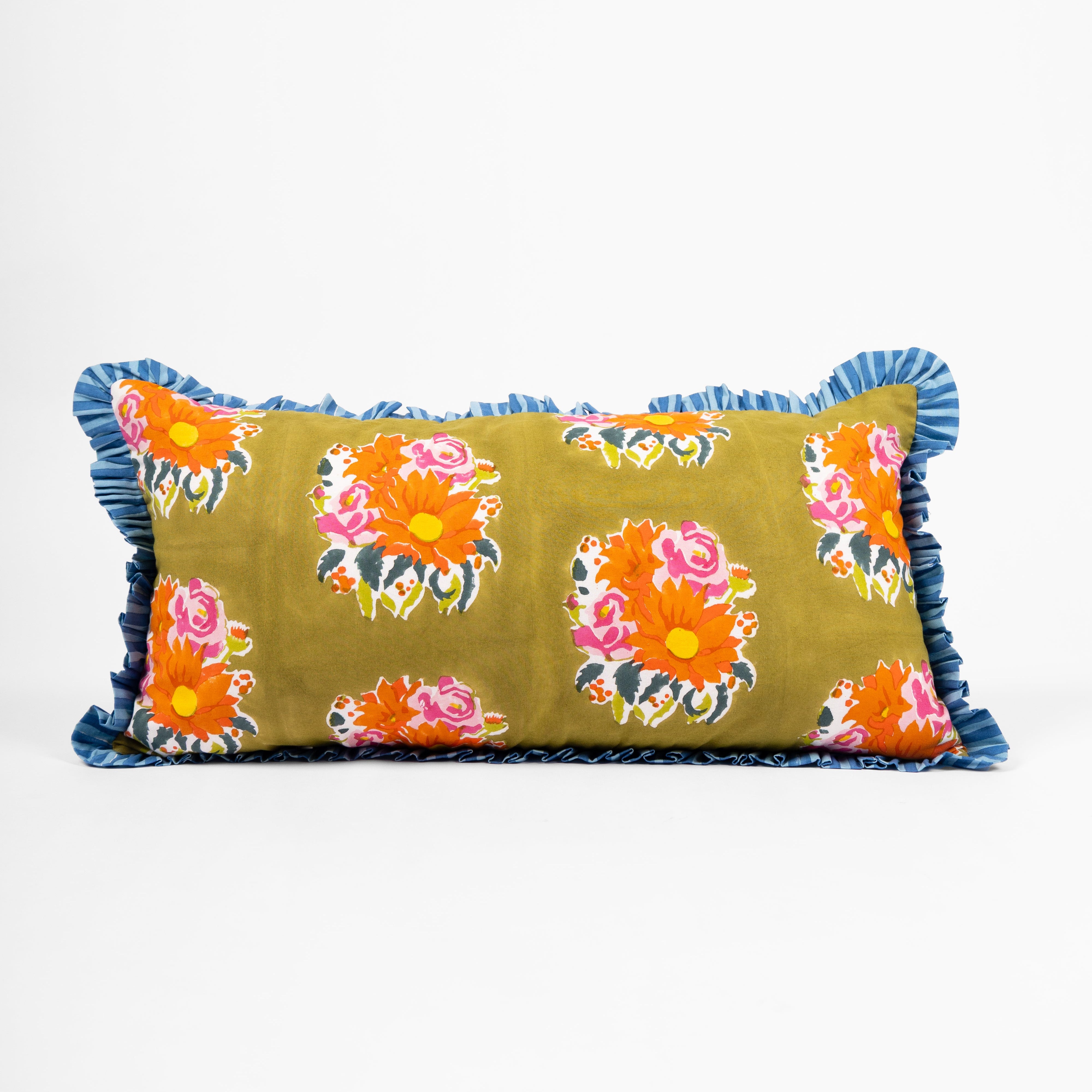 Gul green hand block-printed cotton lumbar pillowcase by Thar, featuring authentic patterns handcrafted by artisan communities.