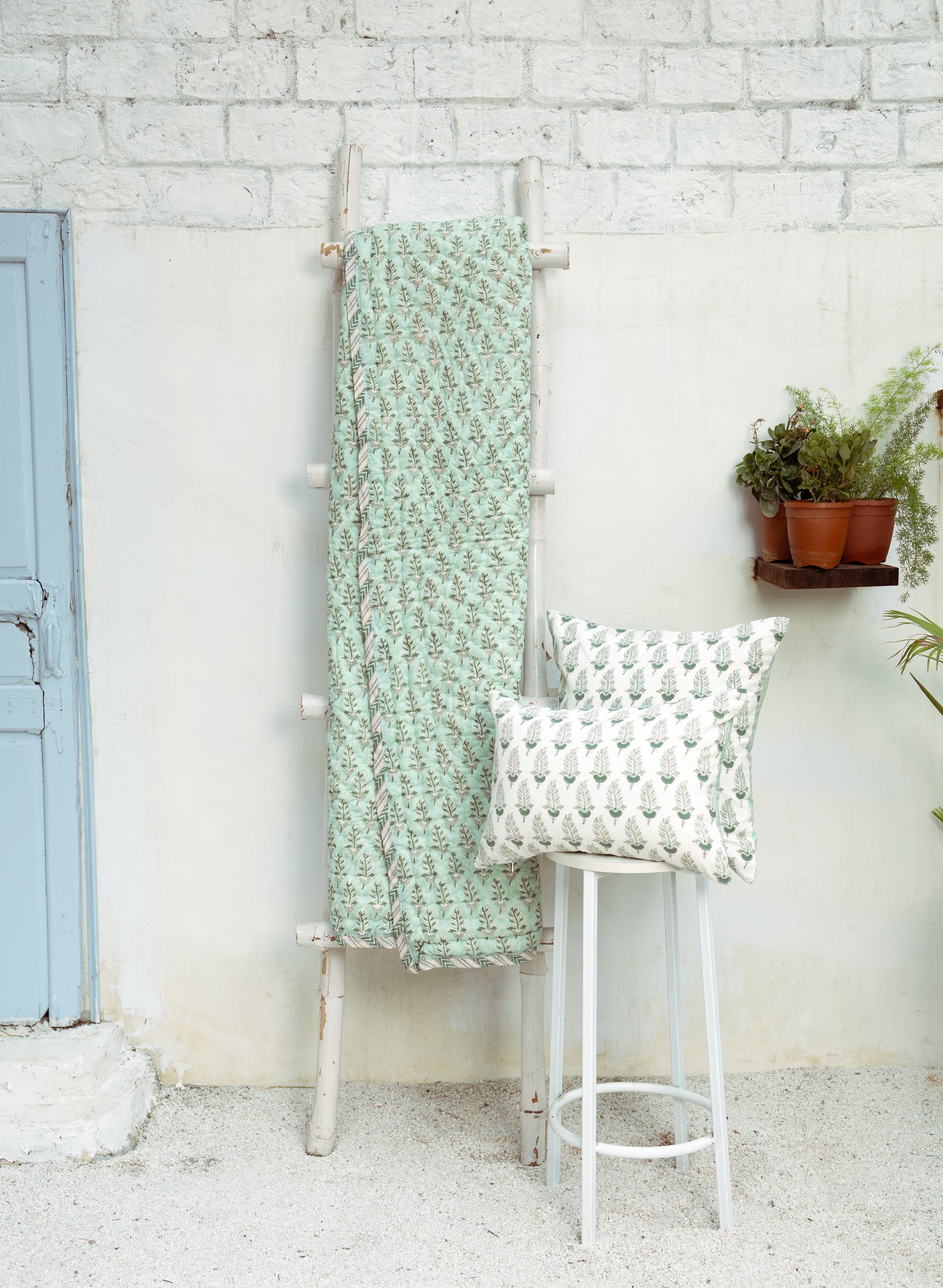 Noor- Hand Block-Printed Hand Quilted Reversible Throw (Green)