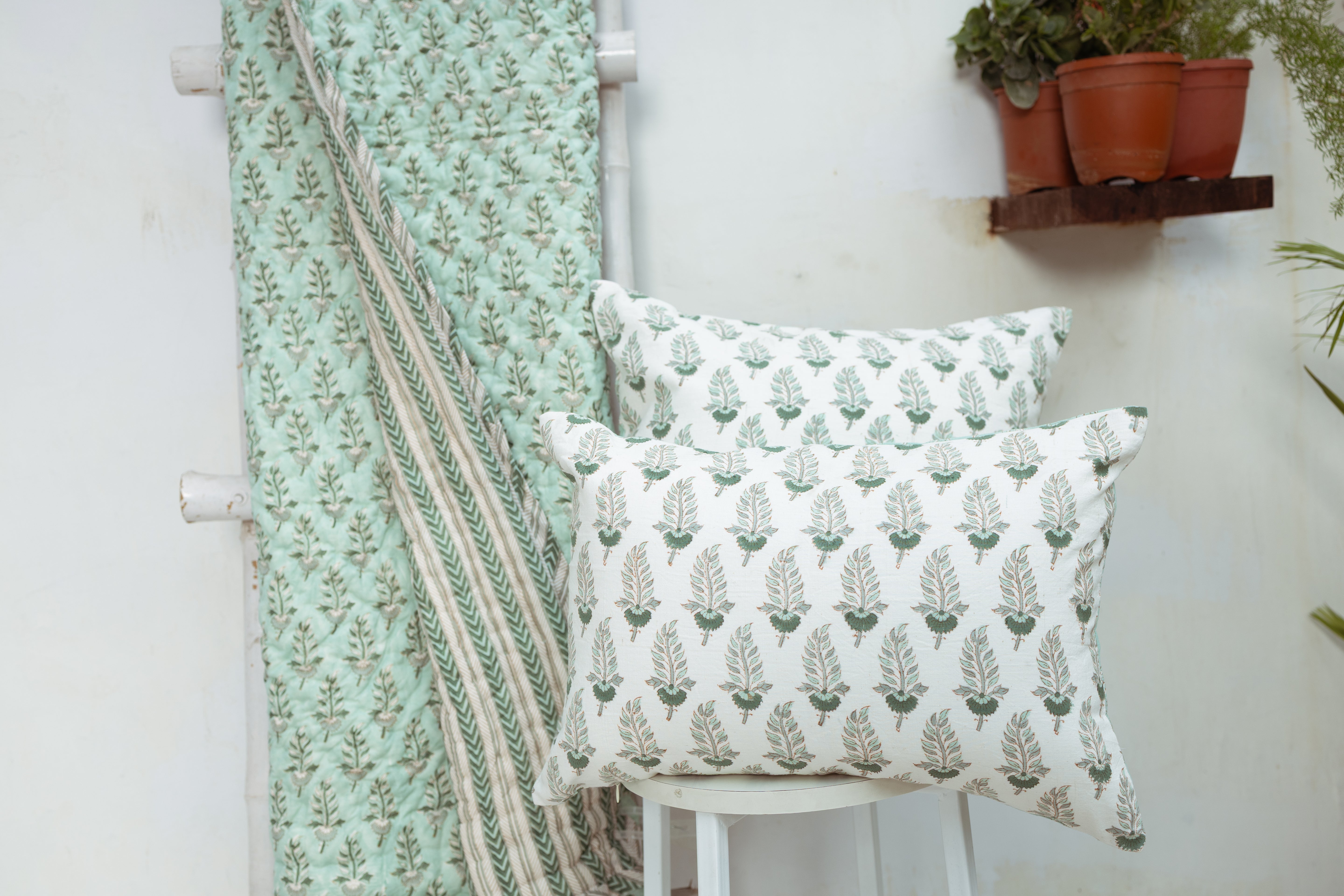 Noor- Hand Block-Printed Hand Quilted Reversible Throw (Green)