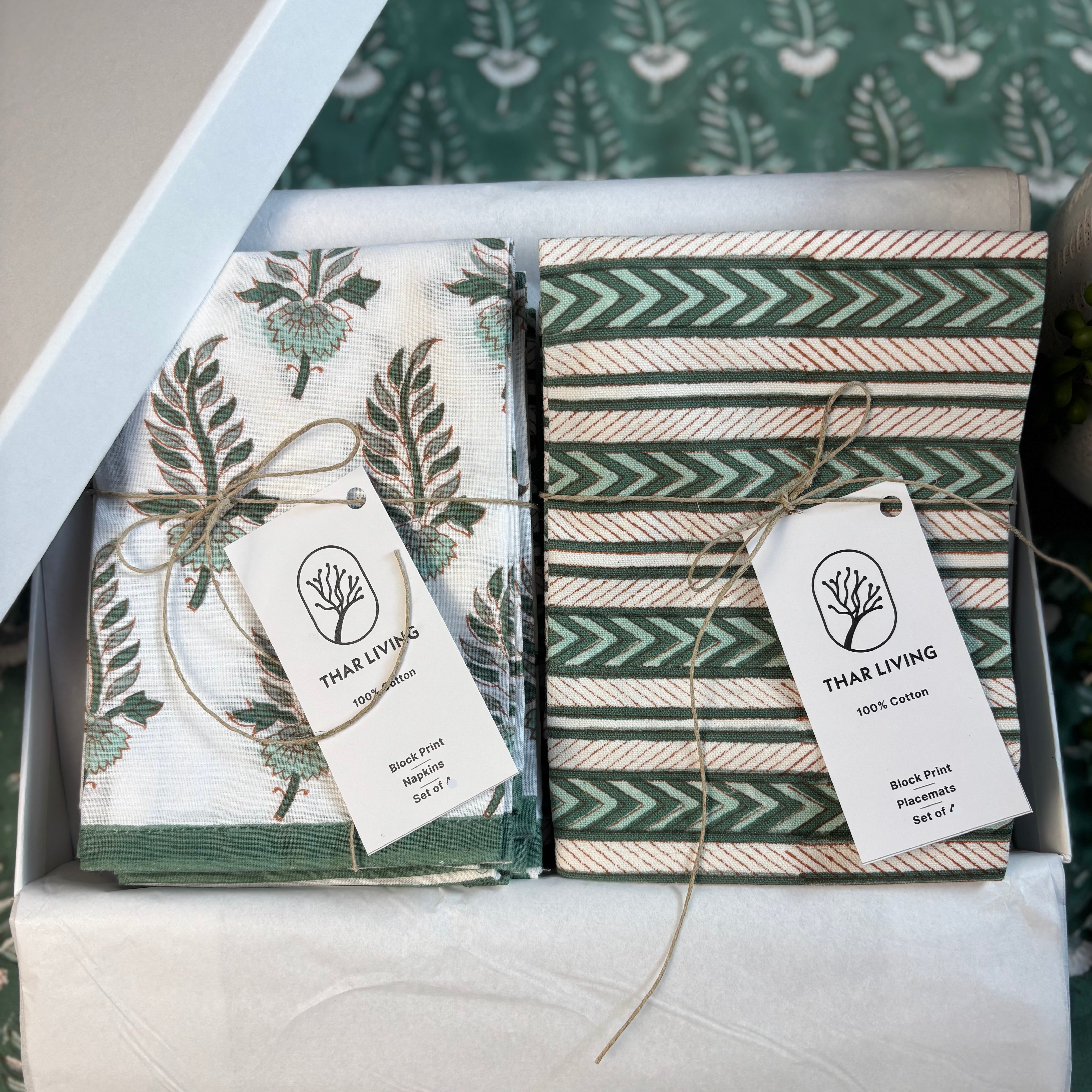 Artisan Table Linen Gift Set – Noor Collection (4 Mats & 4 Napkins) | Hand Block Printed, Under $75