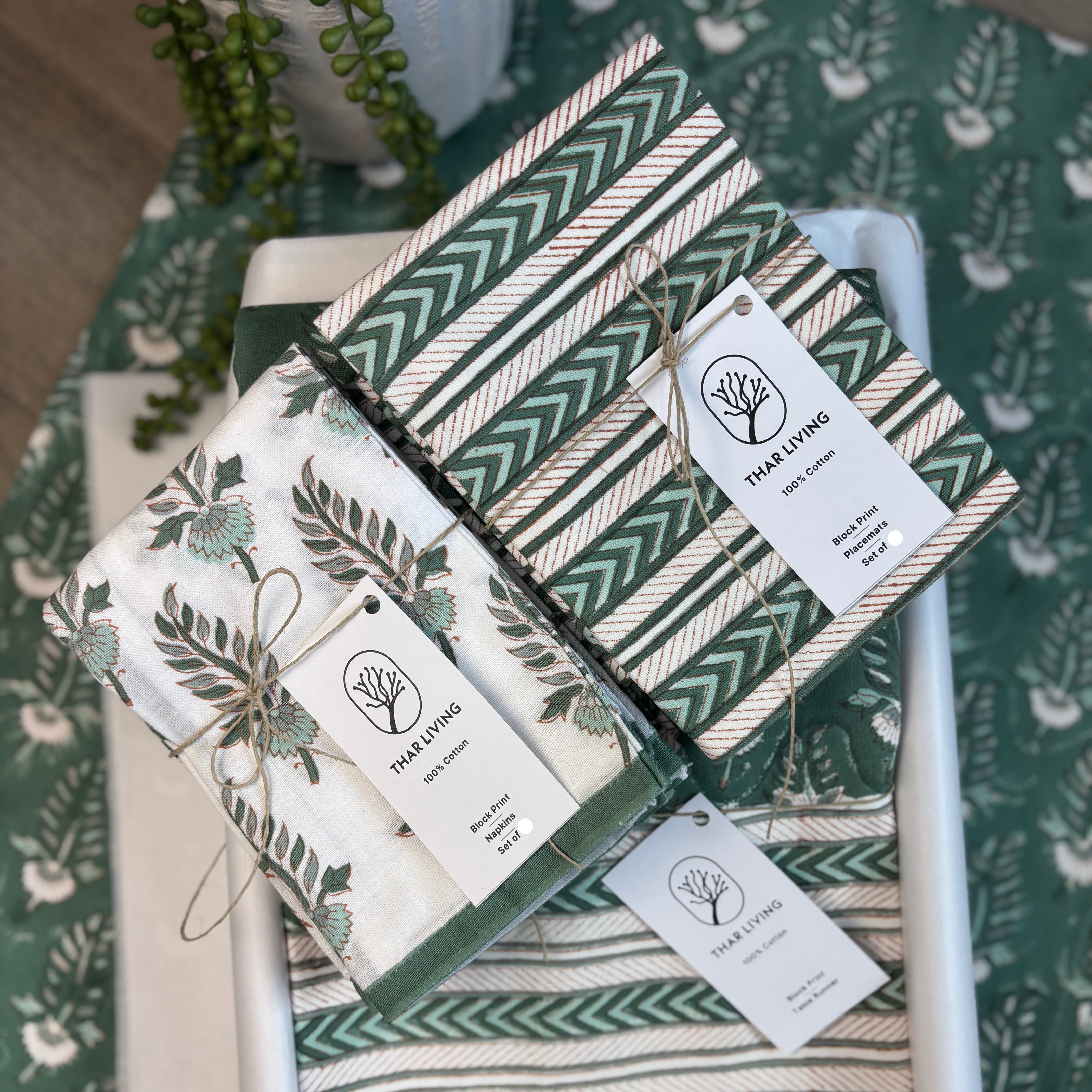 Noor Table Linen Gift Set | Hand Block Printed Runner, 8 Mats & 8 Napkins | Artisan Holiday Gift Under $200