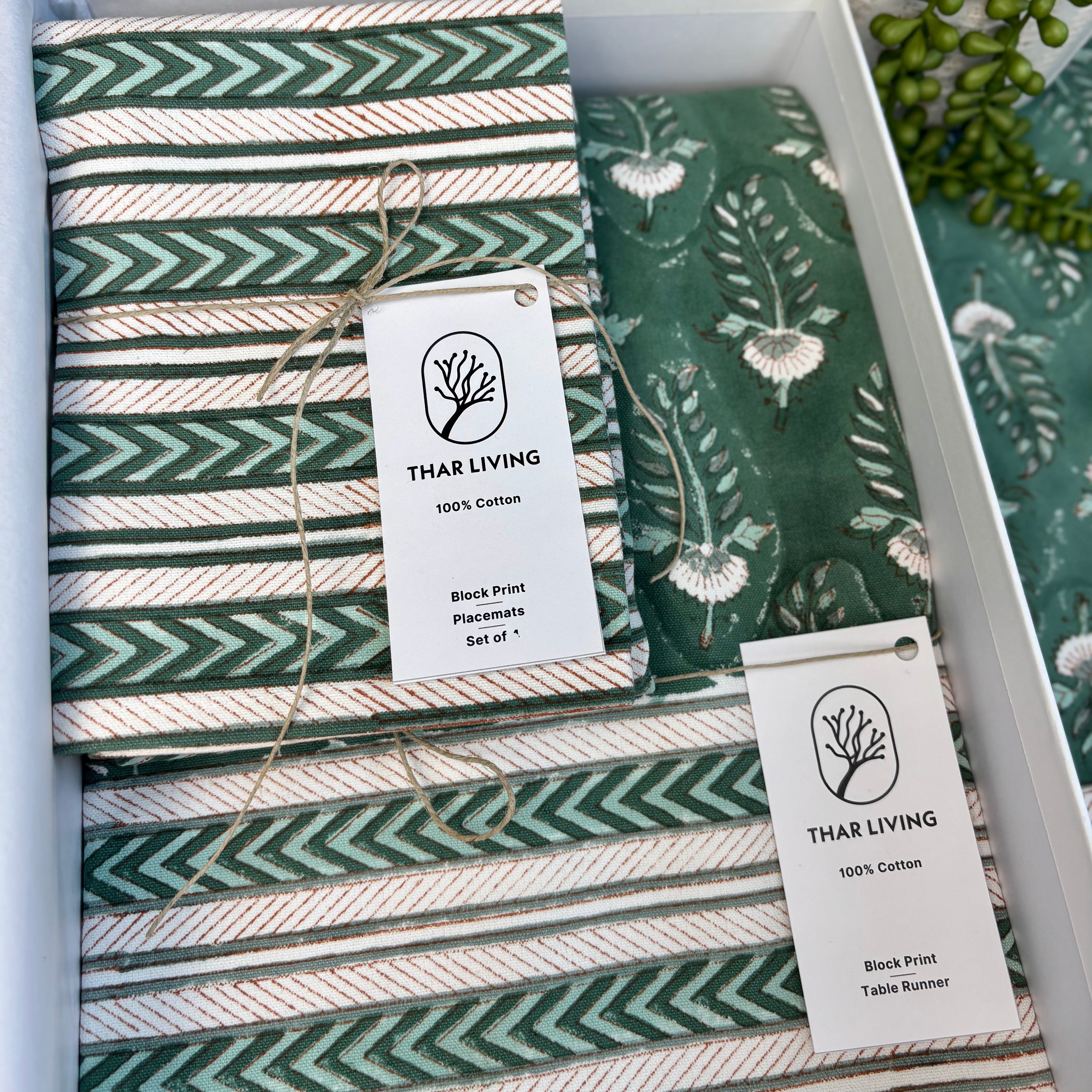 Noor Table Runner & 4 Placemats Set – Green | Hand Block Printed Artisan Table Linen Under $75