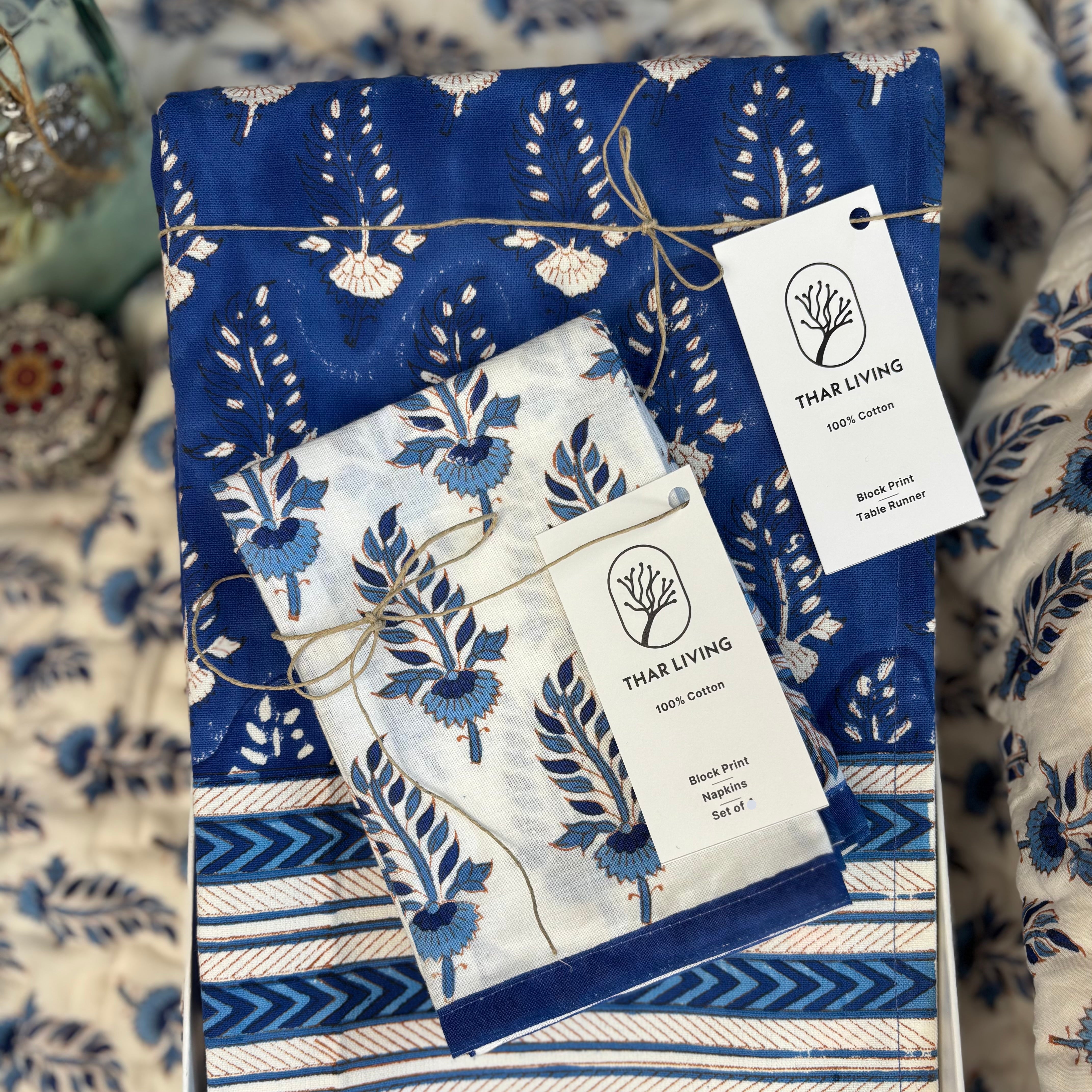 Noor Table Runner & 4 Napkin Set – Blue | Hand Block Printed Artisan Table Linen Gift Under $75