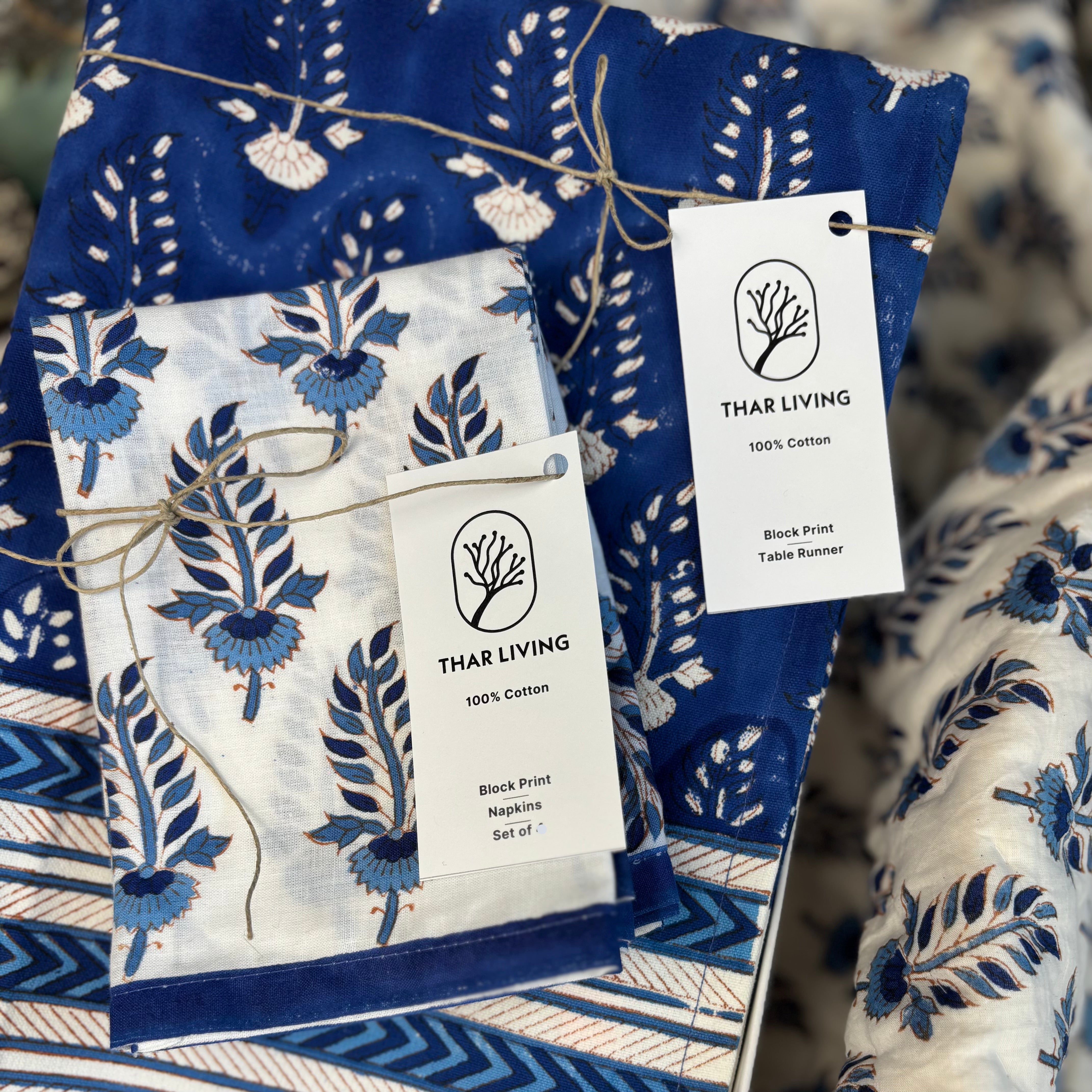 Noor Table Runner & 4 Napkin Set – Blue | Hand Block Printed Artisan Table Linen Gift Under $75
