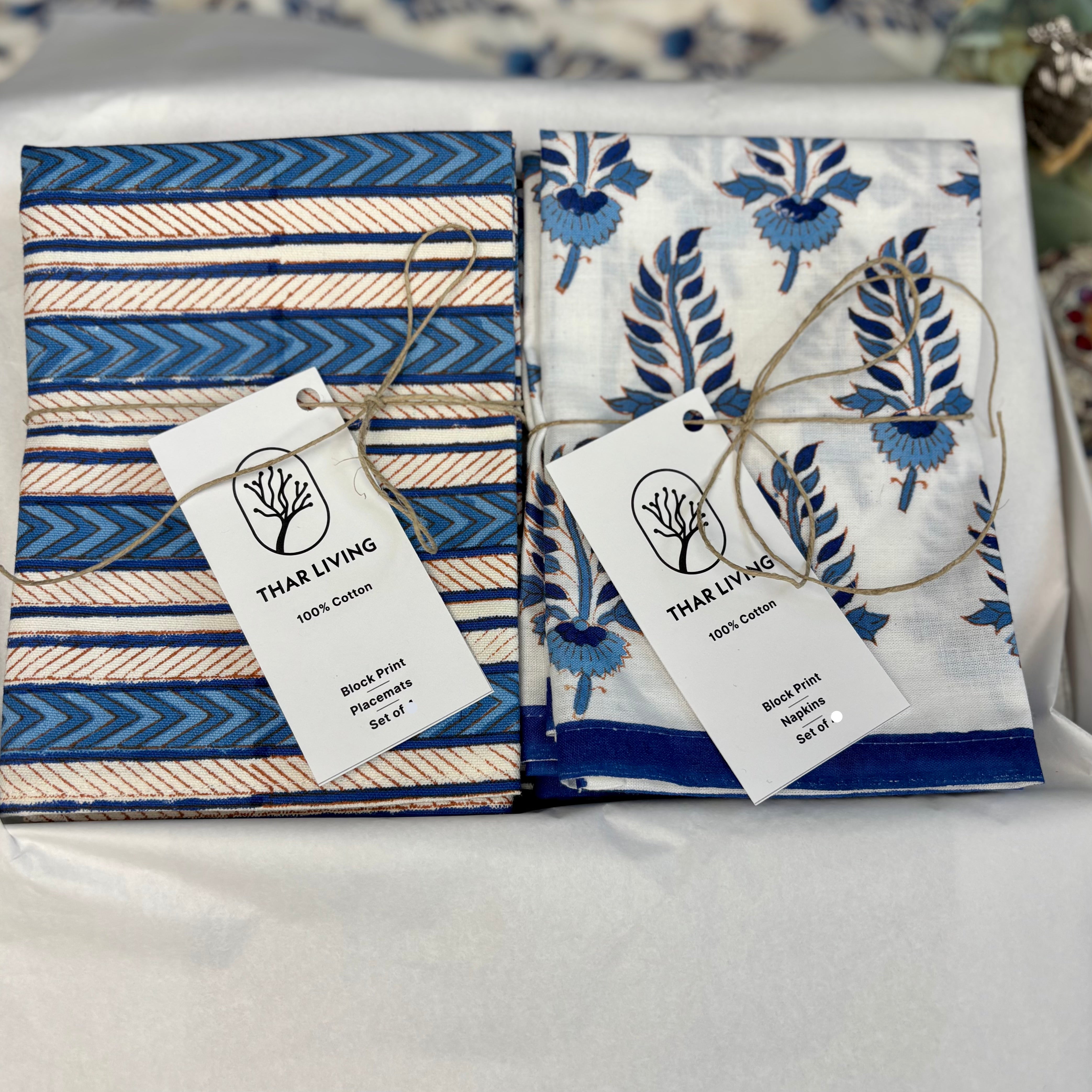 Artisan Table Linen Gift Set – Noor Collection (8 Mats & 8 Napkins) | Hand Block Printed, Under $150