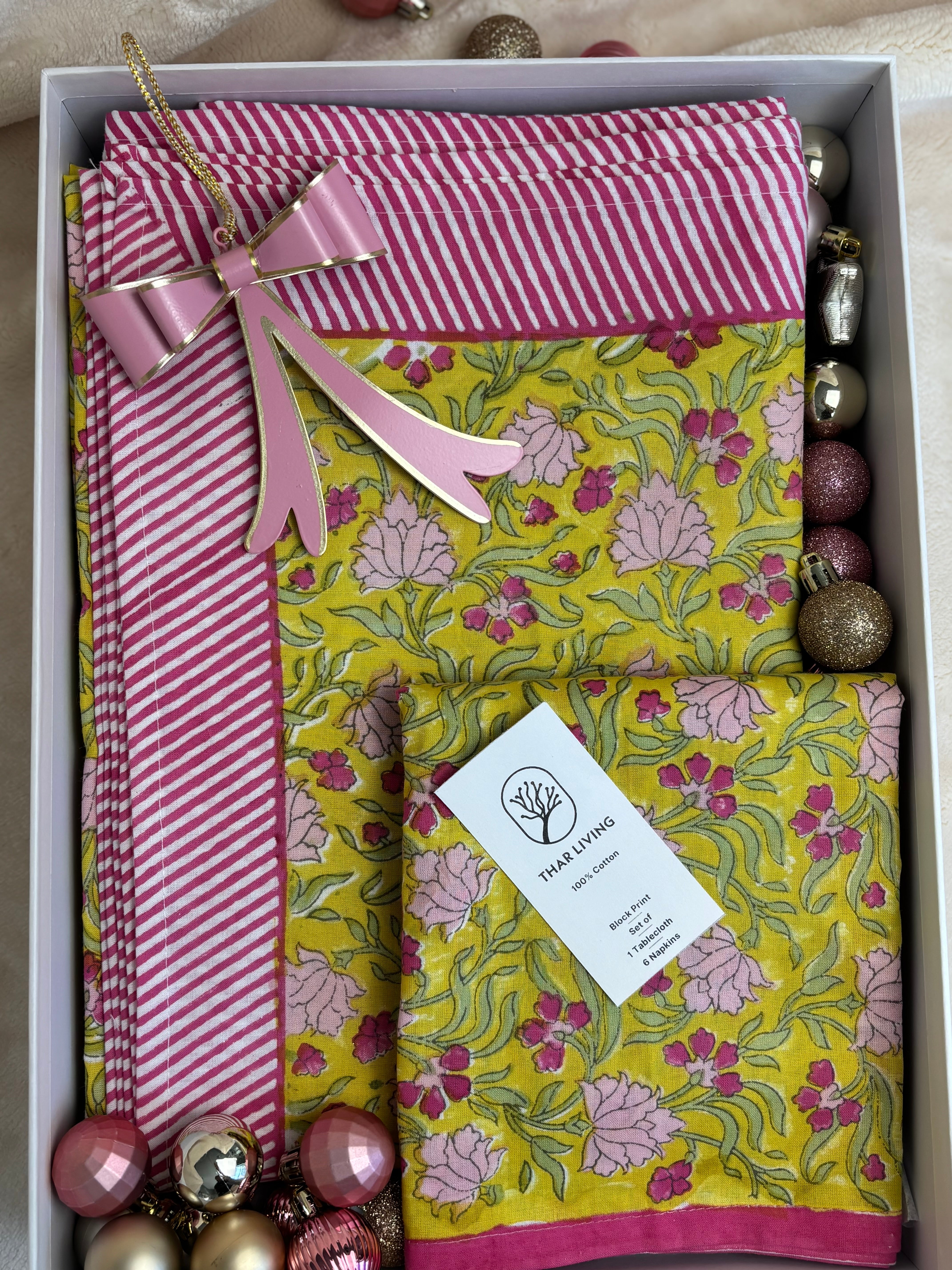 Jasmine Holiday Gift Set – Hand Block Printed Table Cloth & 6 Napkins (Under $120)