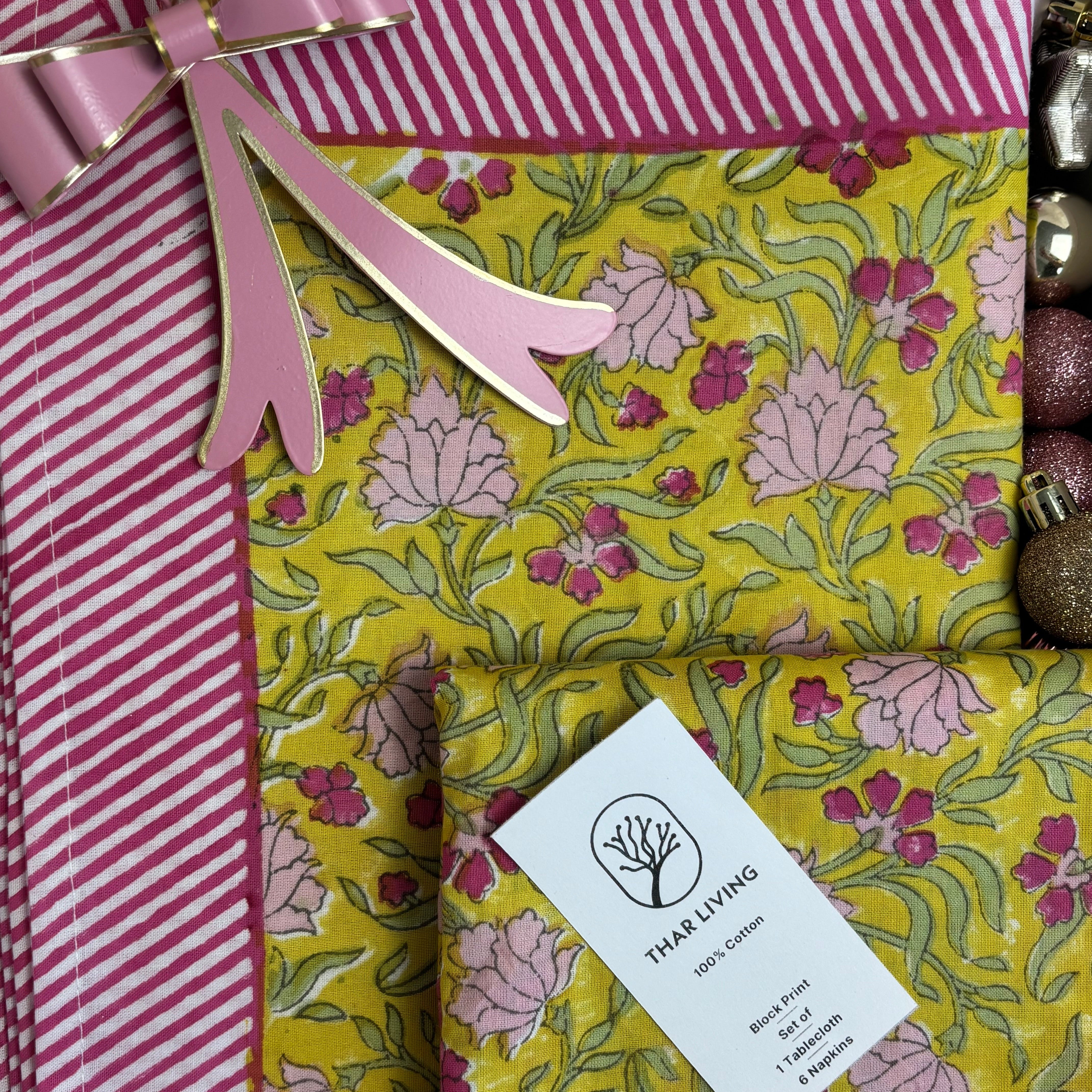 Jasmine Holiday Gift Set – Hand Block Printed Table Cloth & 6 Napkins (Under $120)