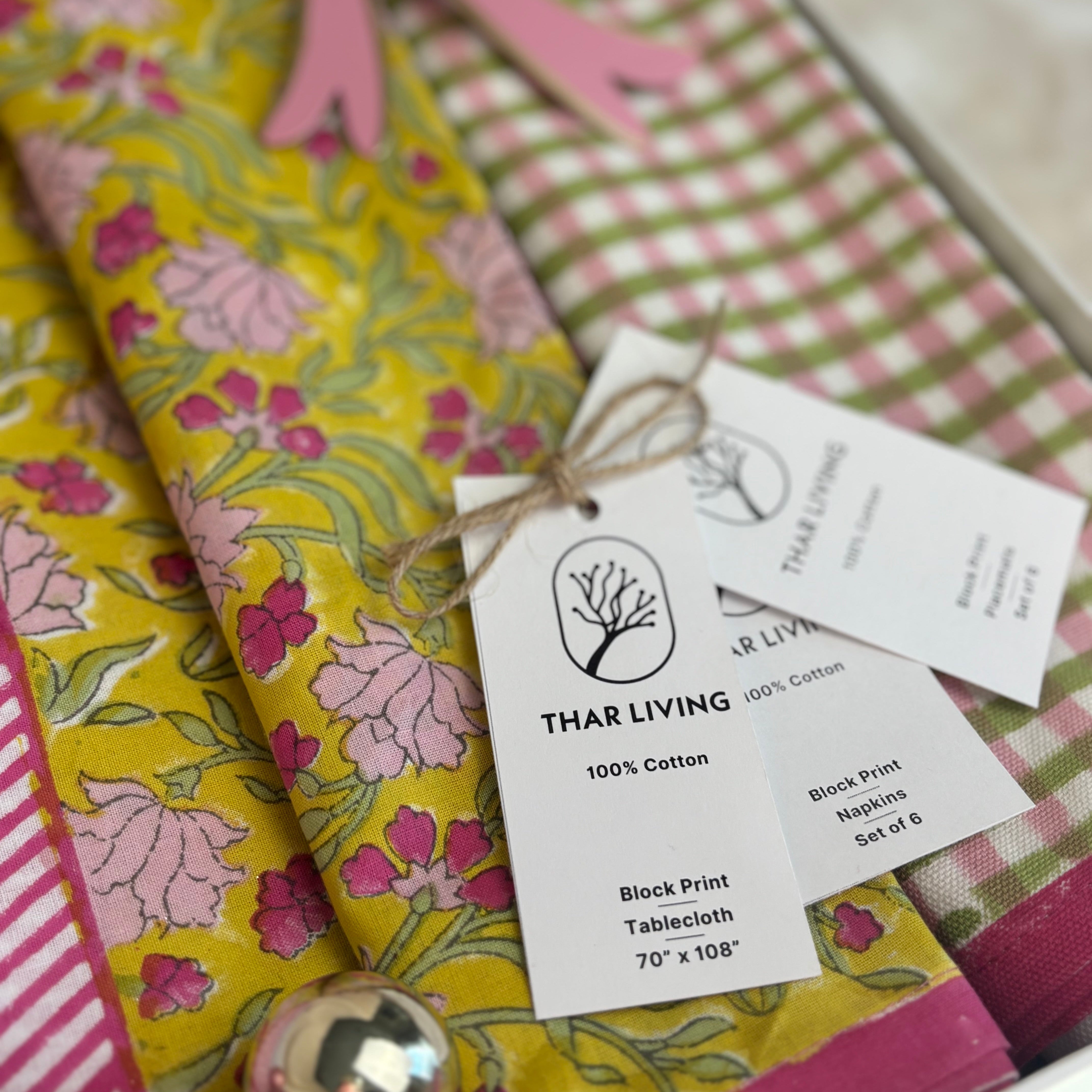 Jasmine Holiday Gift Set – Hand Block Printed 6 seater Table Cloth, 6 Mats & 6 Napkins (Under $200)