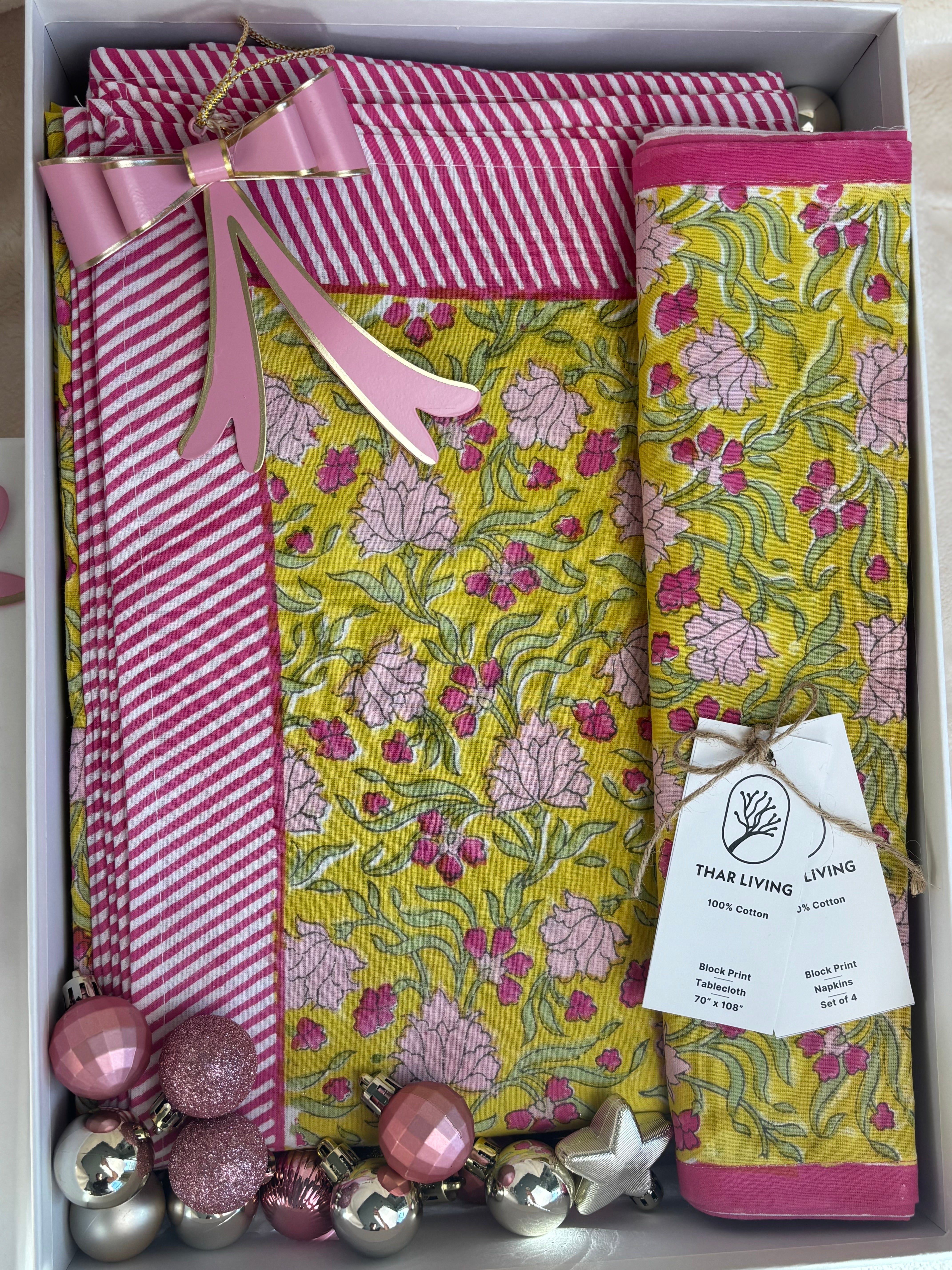 Jasmine Holiday Gift Set – Hand Block Printed Table Cloth & 4 Napkins (Under $100)