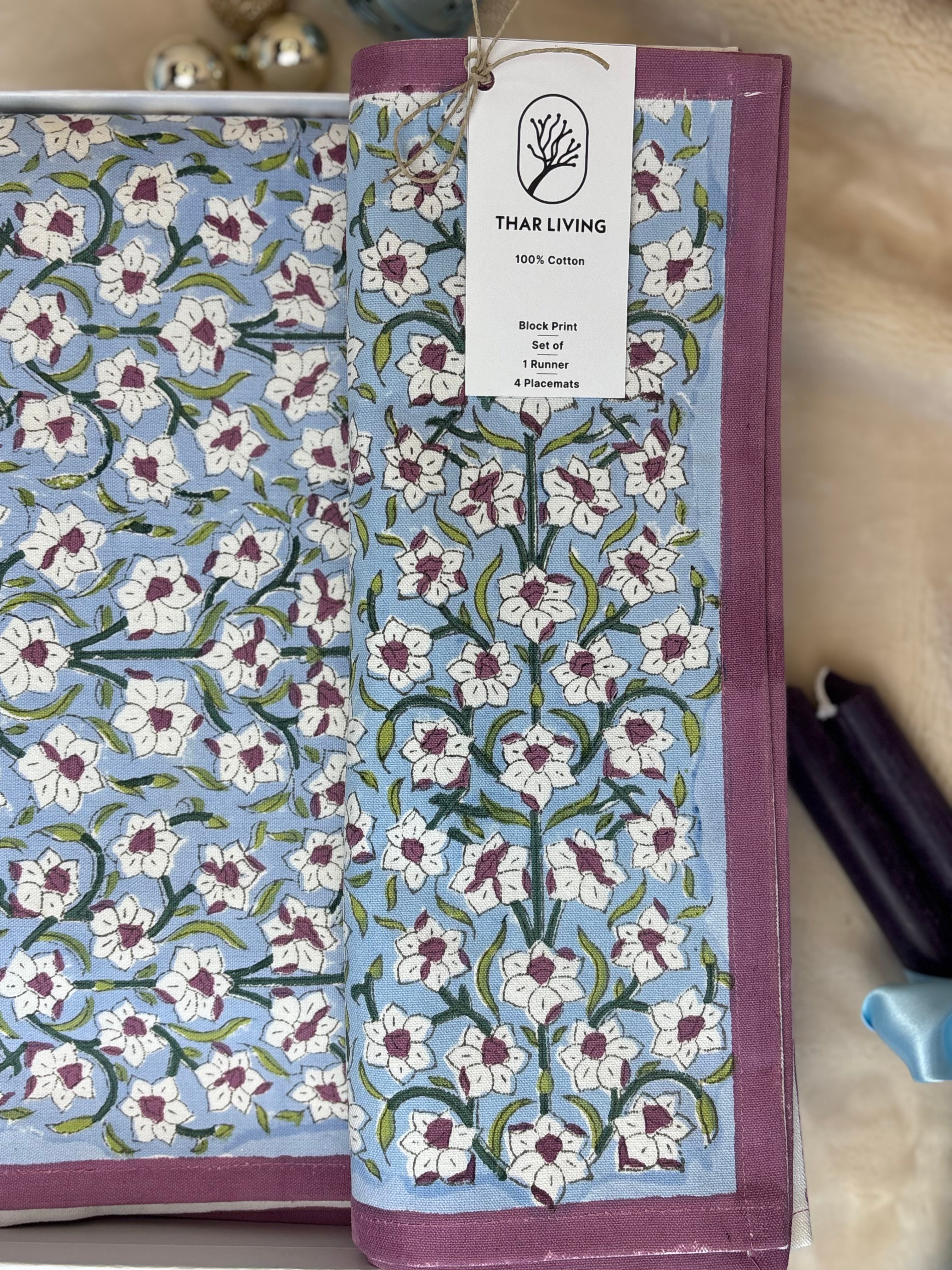 Nargis Holiday Gift Set – Hand Block Printed Table Runner & 4 Placemats | Artisanal Gift under $100