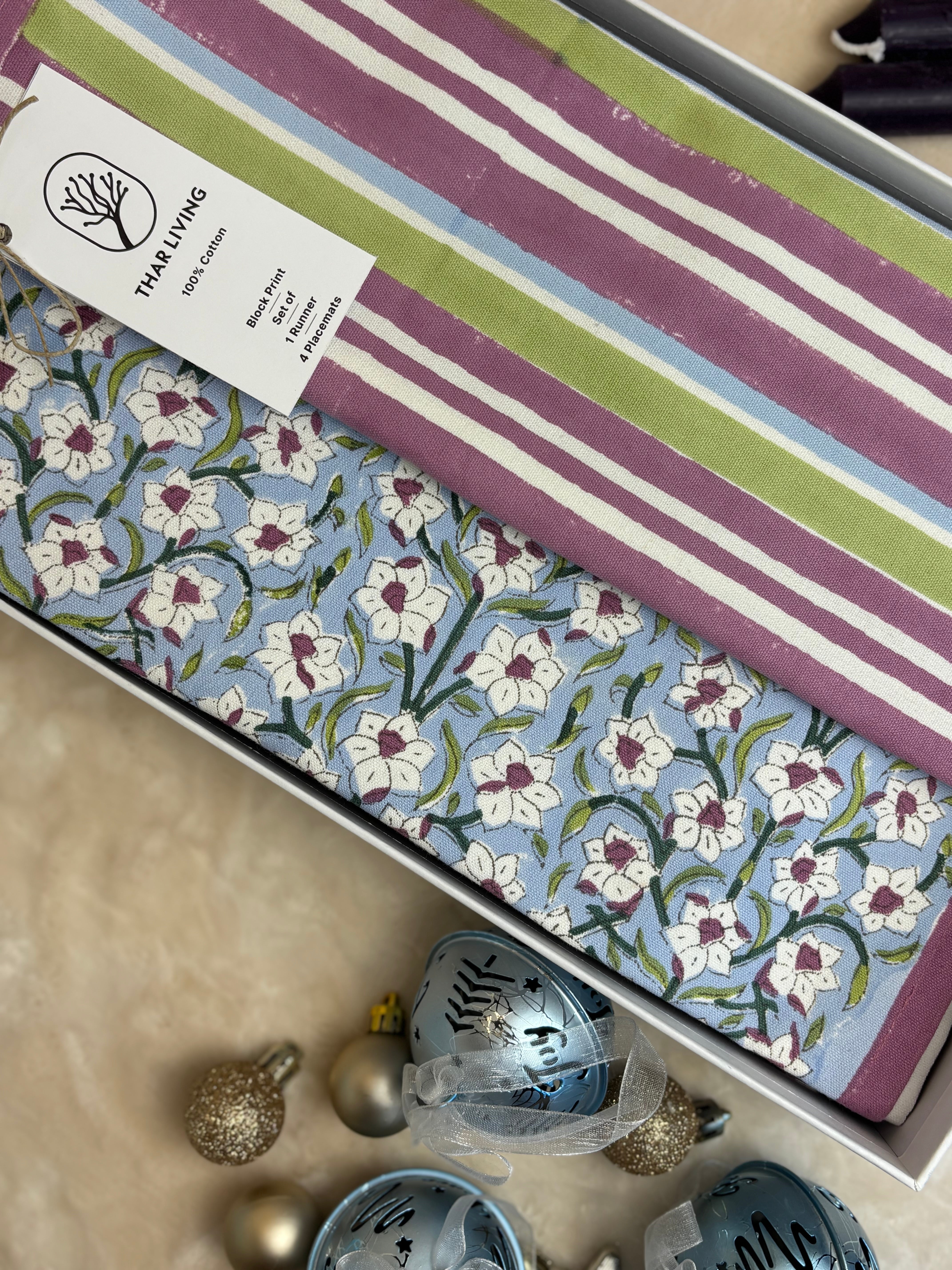 Nargis Holiday Gift Set – Hand Block Printed Table Runner & 4 Placemats | Artisanal Gift under $100