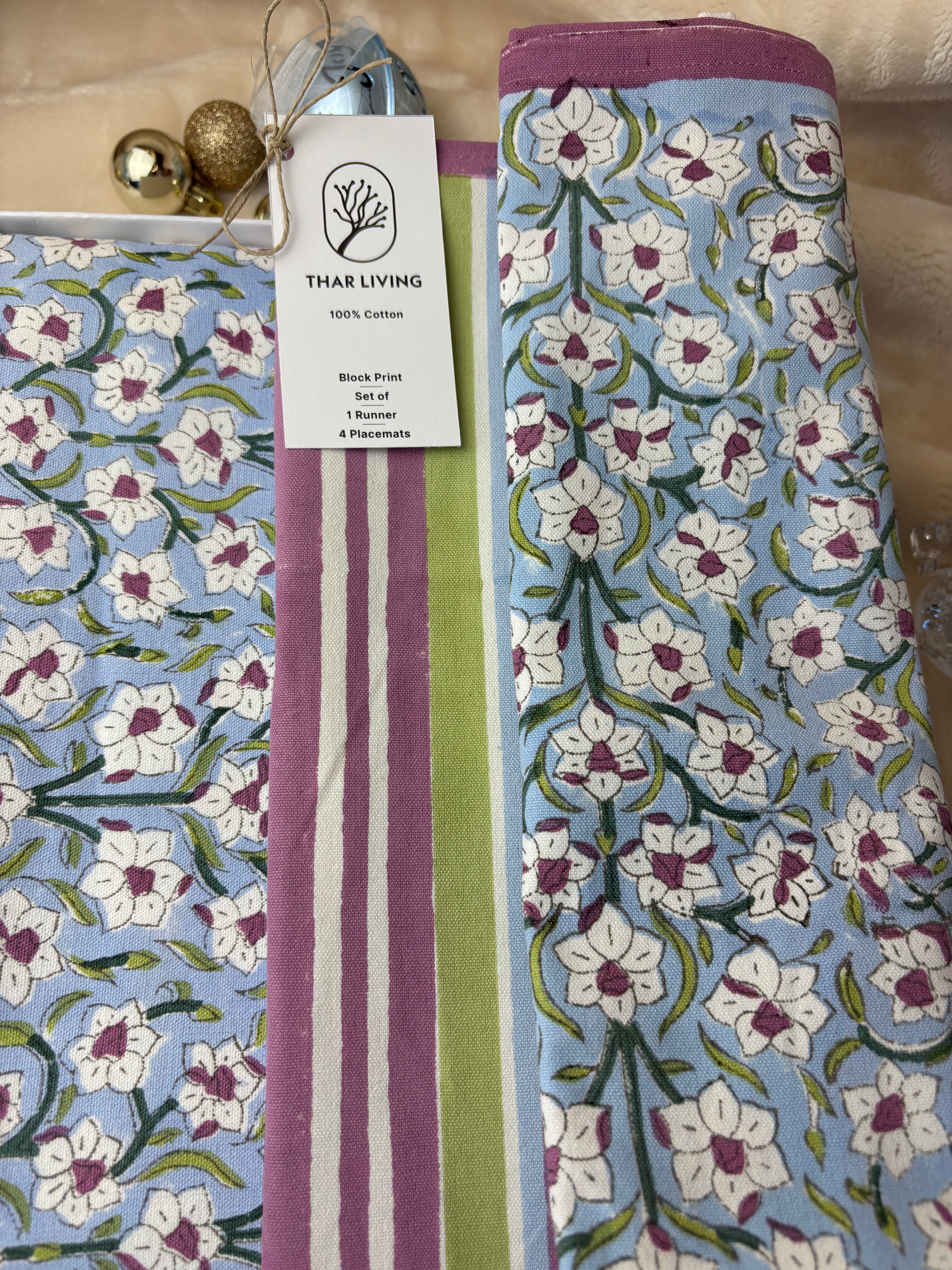 Nargis Holiday Gift Set – Hand Block Printed Table Runner & 4 Placemats | Artisanal Gift under $100