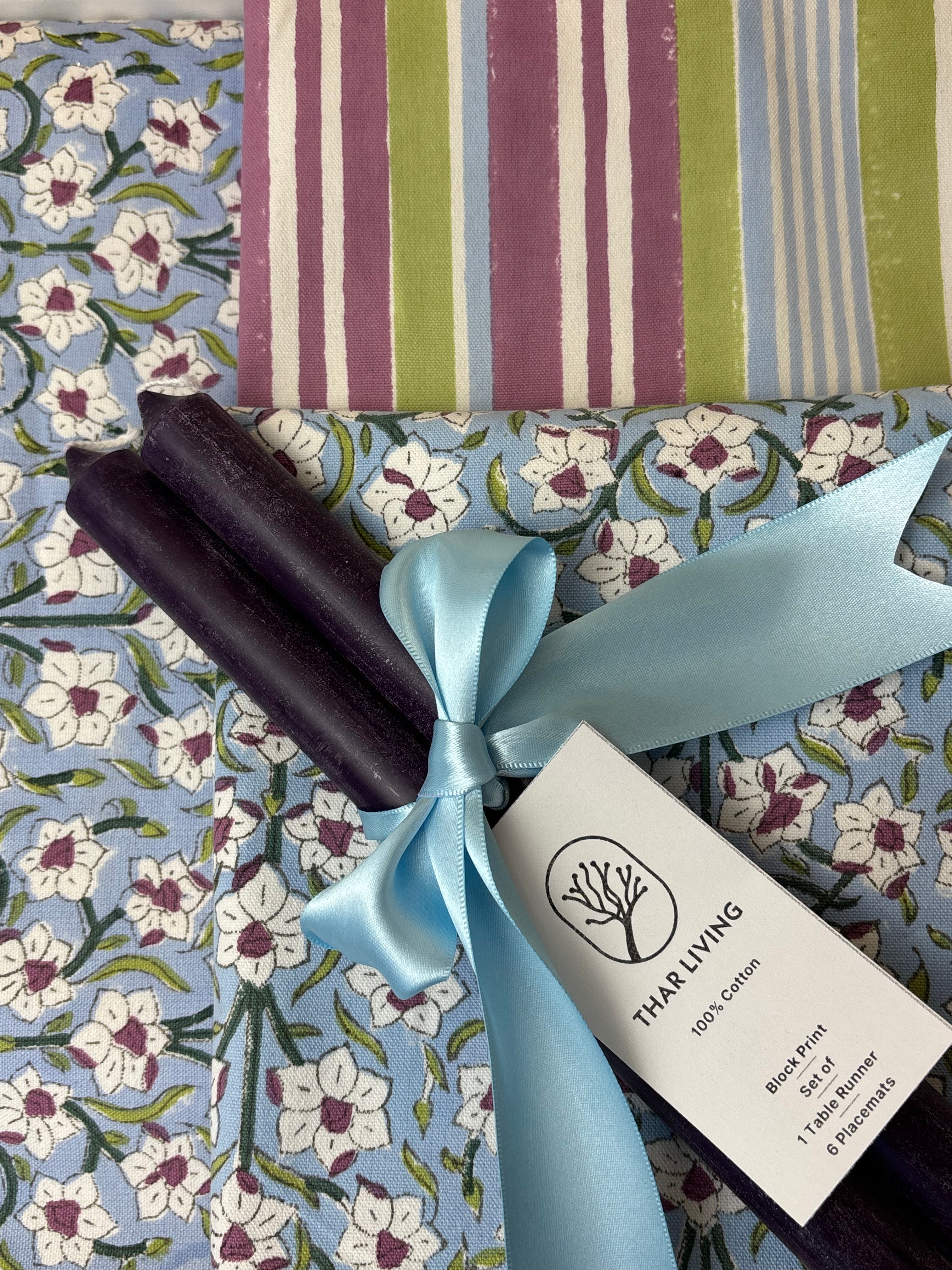 Nargis Holiday Gift Set – Hand Block Printed Table Runner & 6 Placemats | Artisanal Gift under $100