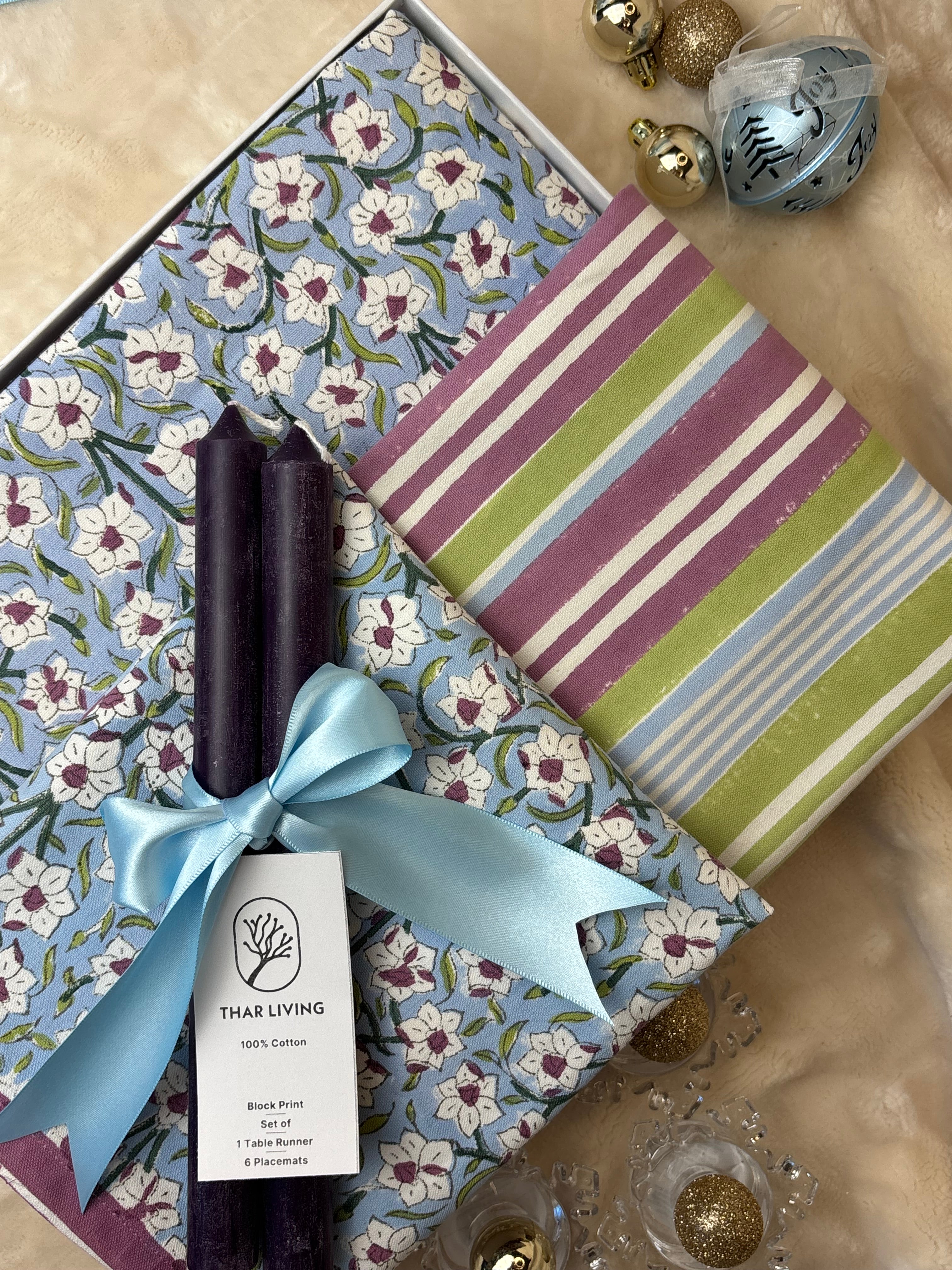 Nargis Holiday Gift Set – Hand Block Printed Table Runner & 6 Placemats | Artisanal Gift under $100