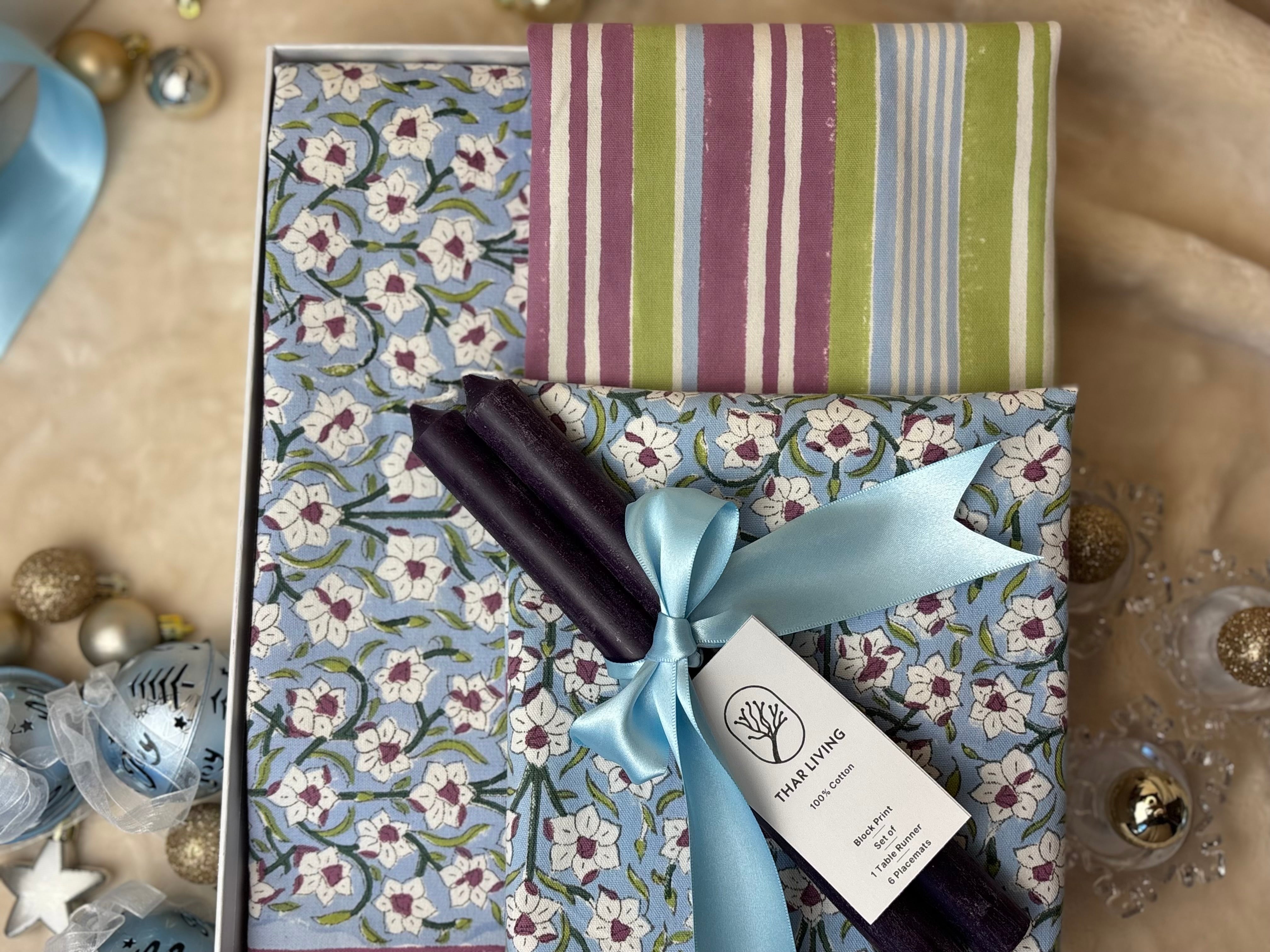 Nargis Holiday Gift Set – Hand Block Printed Table Runner & 6 Placemats | Artisanal Gift under $100