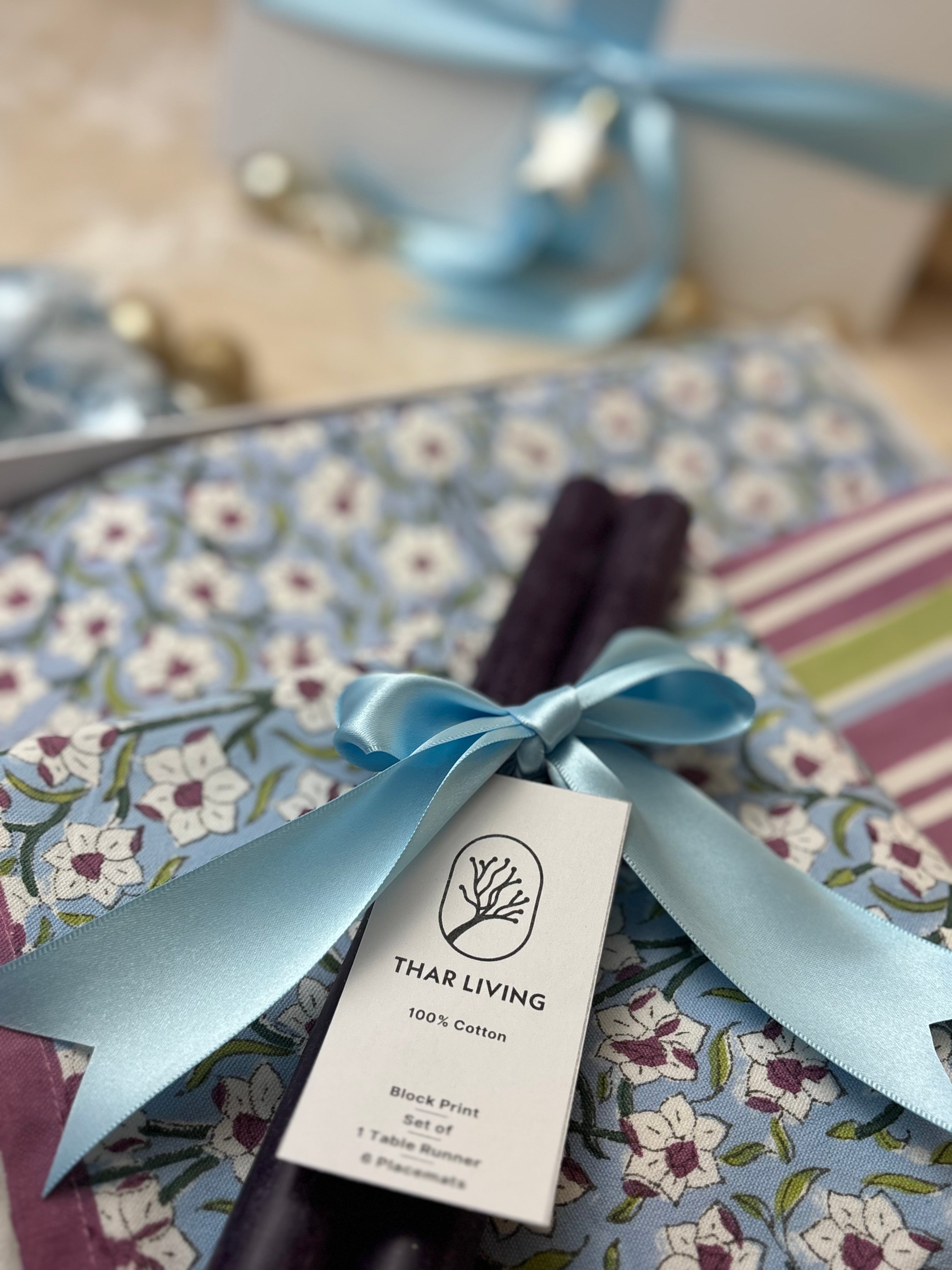 Nargis Holiday Gift Set – Hand Block Printed Table Runner & 6 Placemats | Artisanal Gift under $100