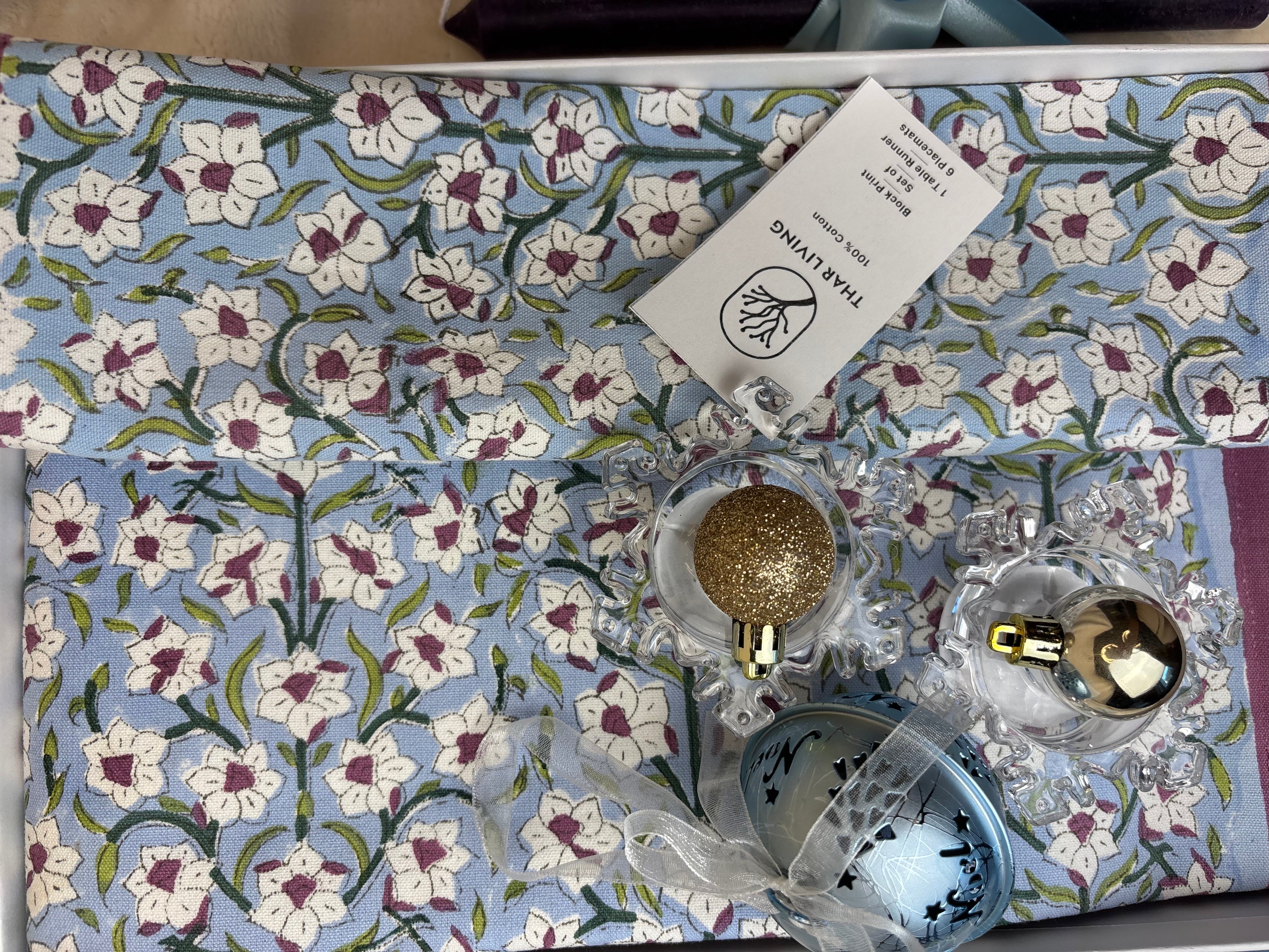 Nargis Holiday Gift Set – Hand Block Printed Table Runner & 6 Placemats | Artisanal Gift under $100