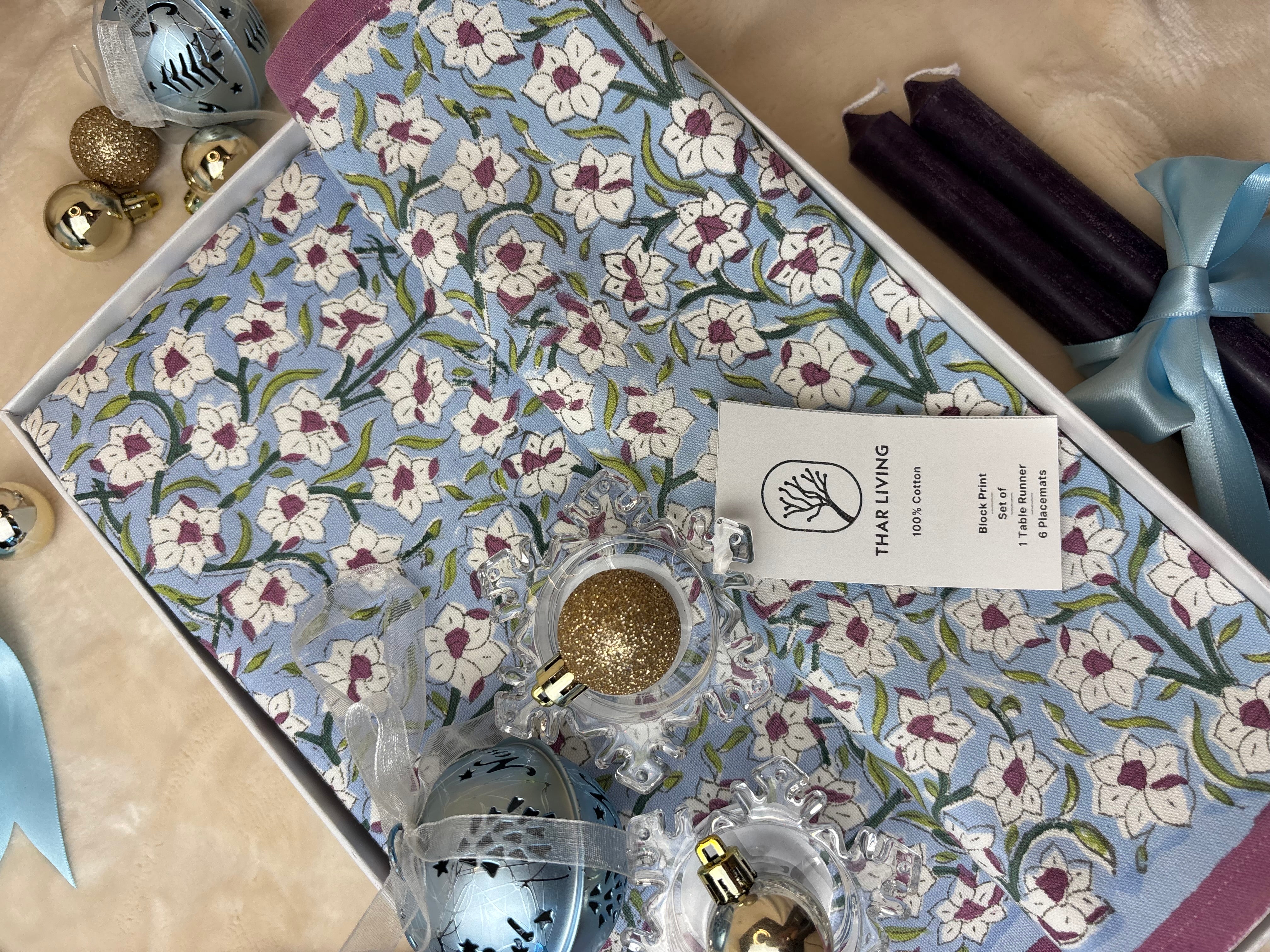 Nargis Holiday Gift Set – Hand Block Printed Table Runner & 6 Placemats | Artisanal Gift under $100