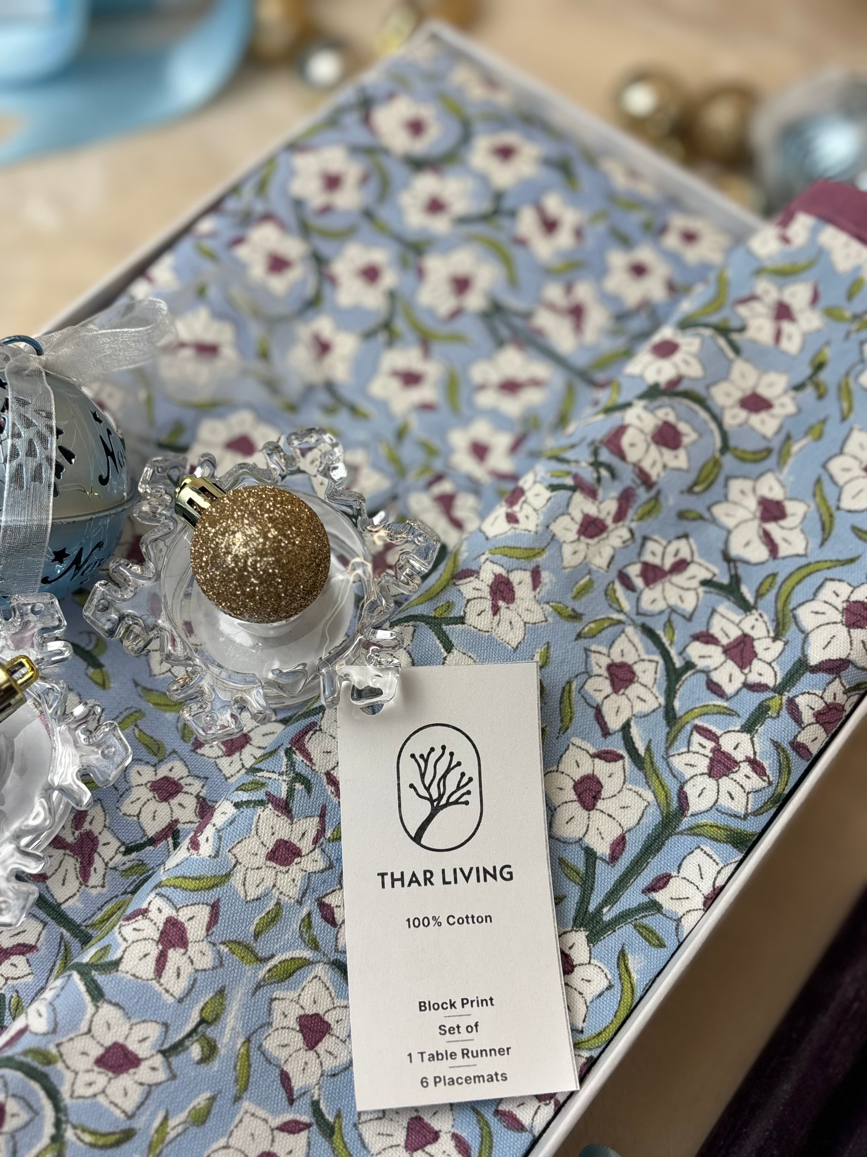Nargis Holiday Gift Set – Hand Block Printed Table Runner & 6 Placemats | Artisanal Gift under $100