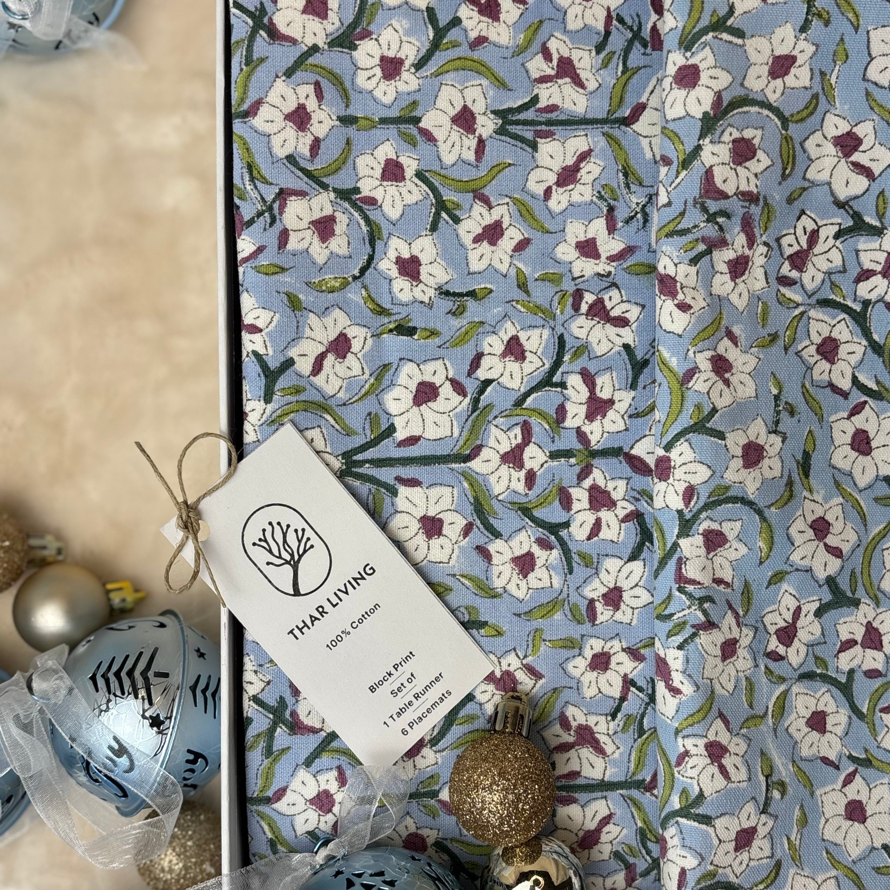 Nargis Holiday Gift Set – Hand Block Printed Table Runner & 6 Placemats | Artisanal Gift under $100