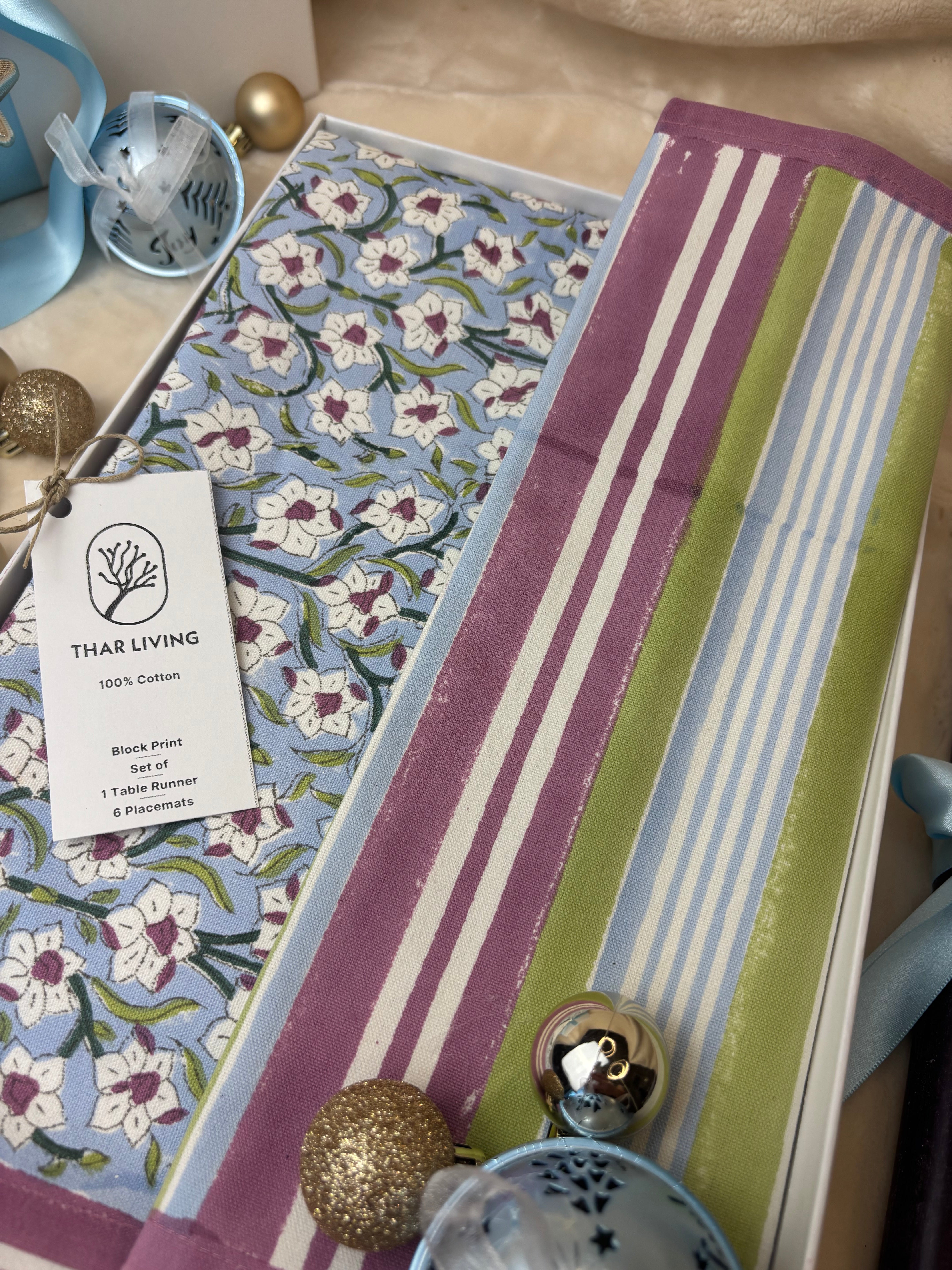 Nargis Holiday Gift Set – Hand Block Printed Table Runner & 6 Placemats | Artisanal Gift under $100