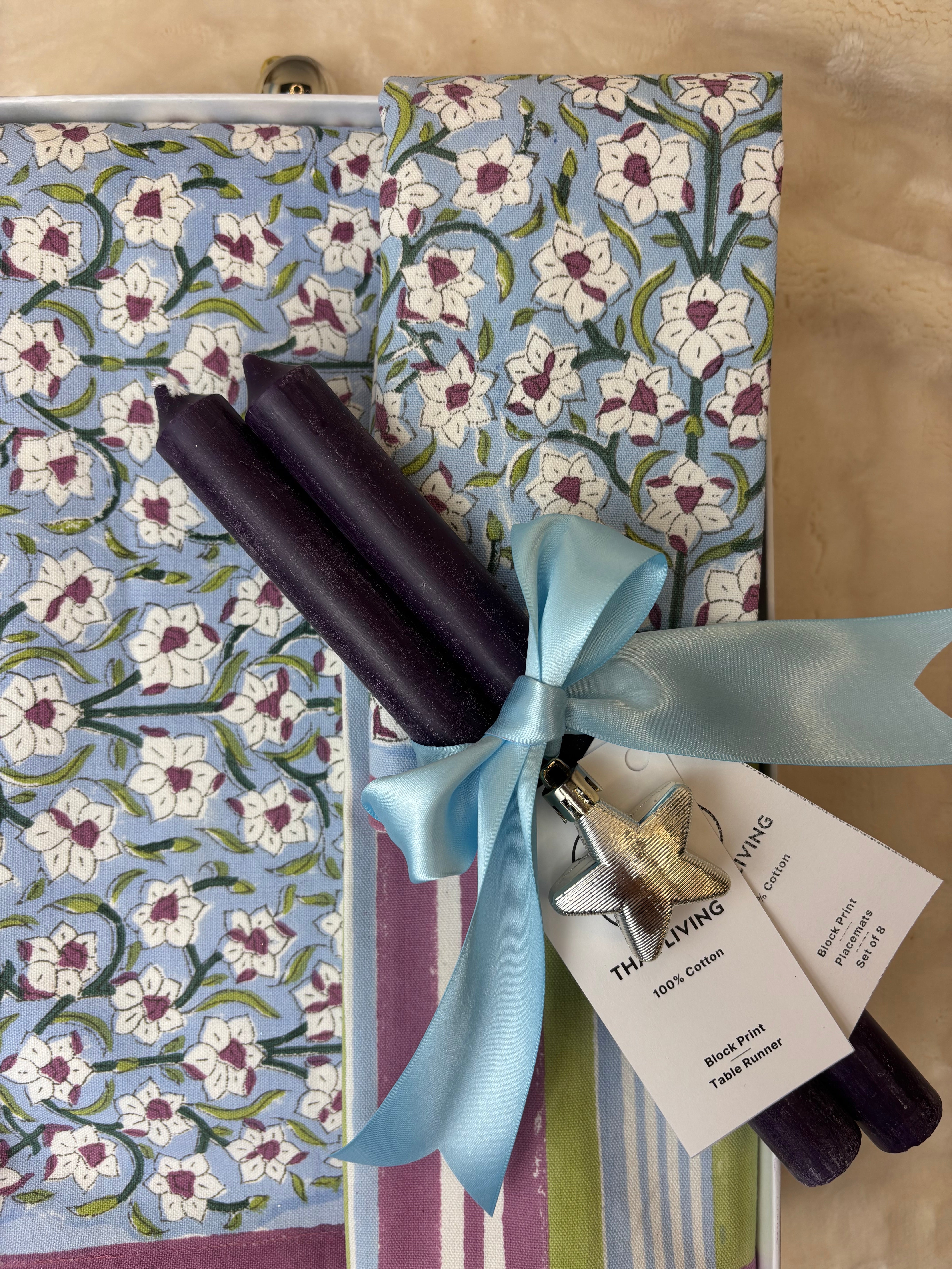 Nargis Holiday Gift Set – Hand Block Printed Table Runner & 8 Placemats | Artisanal Gift under $120